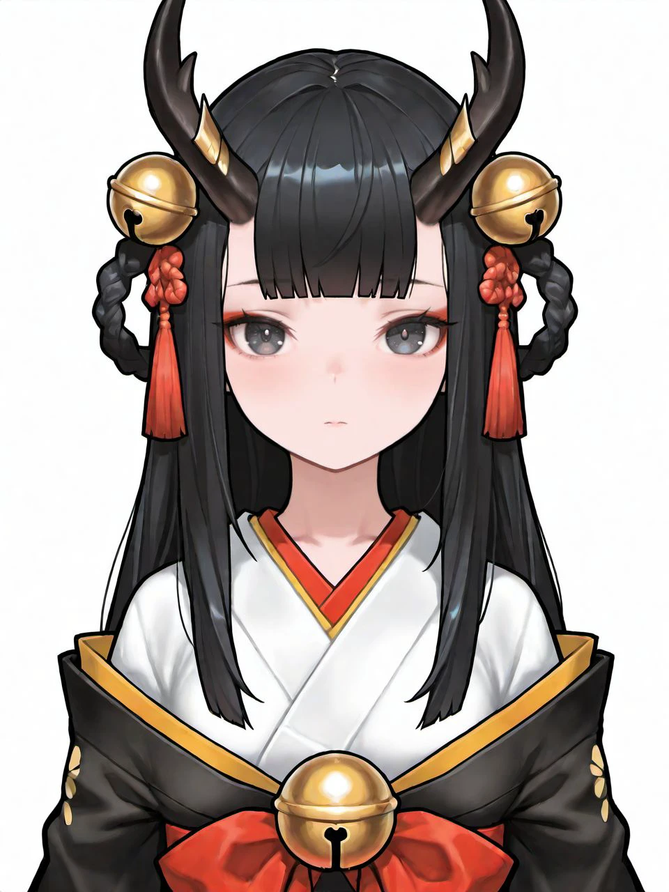 masterpiece, best quality, amazing quality, very aesthetic, high resolution,
heyra, 1girl, solo, black hair, horns, japanese clothes, long hair, hair ornament, bell, looking at viewer, blunt bangs, bangs, white background,
<lora:heyra_race_v2_epoch_6:0.9>