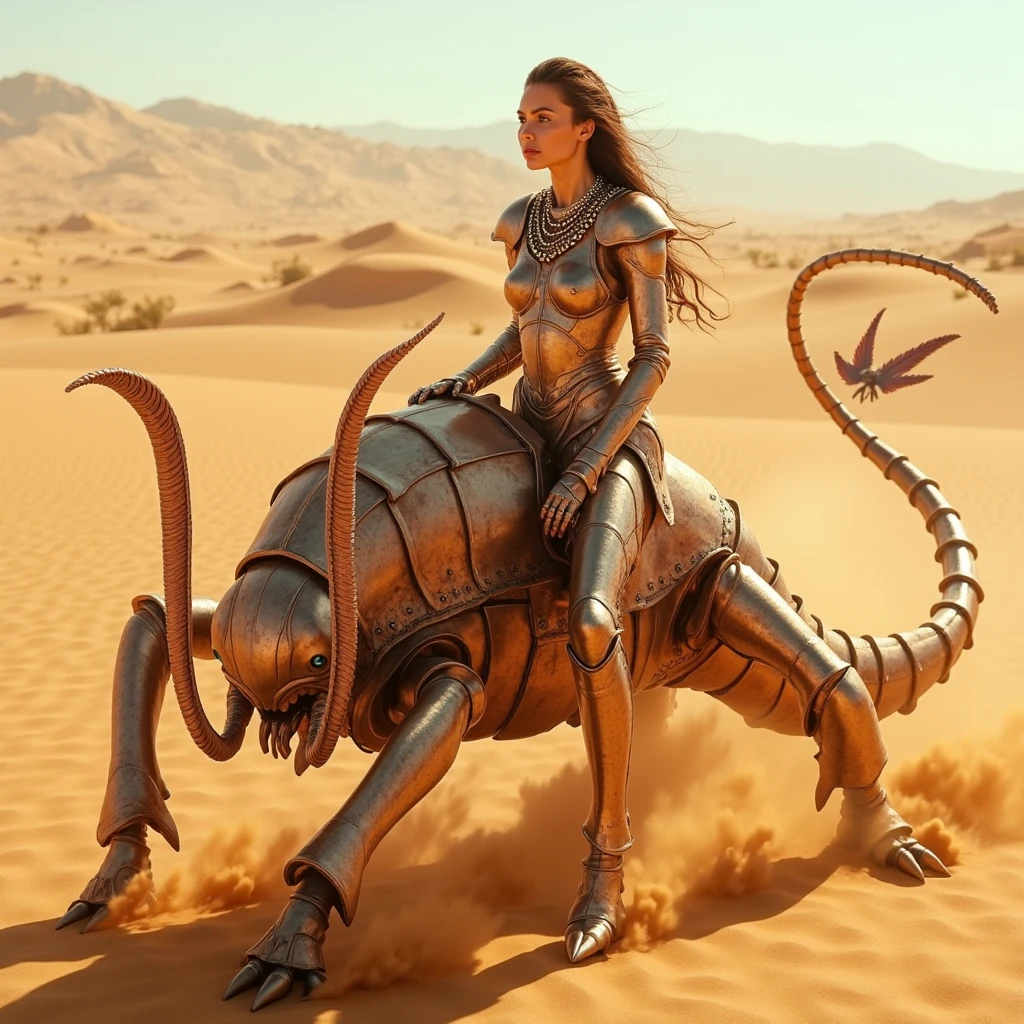 A striking woman clad in gleaming chain mail armor, her hair tied back, riding a rust monster through a vast, sun-scorched desert. The creature's metallic, rust-covered body glints under the harsh sunlight, its antennae twitching as it moves across the golden sand dunes. The woman's pose is commanding, her hand gripping the monster's textured back, her gaze focused and determined. The shot is wide, capturing the endless expanse of the desert with its rippling heat waves and sparse vegetation. The lighting is bright and intense, casting sharp shadows and highlighting the contrast between her polished armor and the monster's rugged, otherworldly appearance.