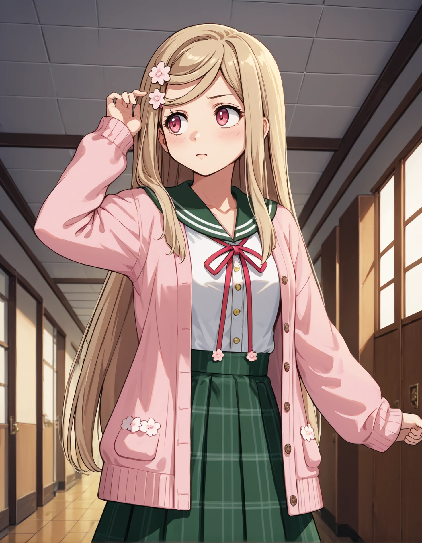 score_9, score_8_up, source_anime, 1girl, upper body, medium shot, detailed, mgrcsashakurusu, blonde hair, sidelocks, long hair, pink eyes, flower hairpins, white shirt, green sailor collar, pink neck ribbon, green checkered skirt, pink cardigan, indoors, corridor, looking away, dynamic pose, hand in hair, (surprised:0.65), <lora:mgrcsashakurusu_XL:0.9>