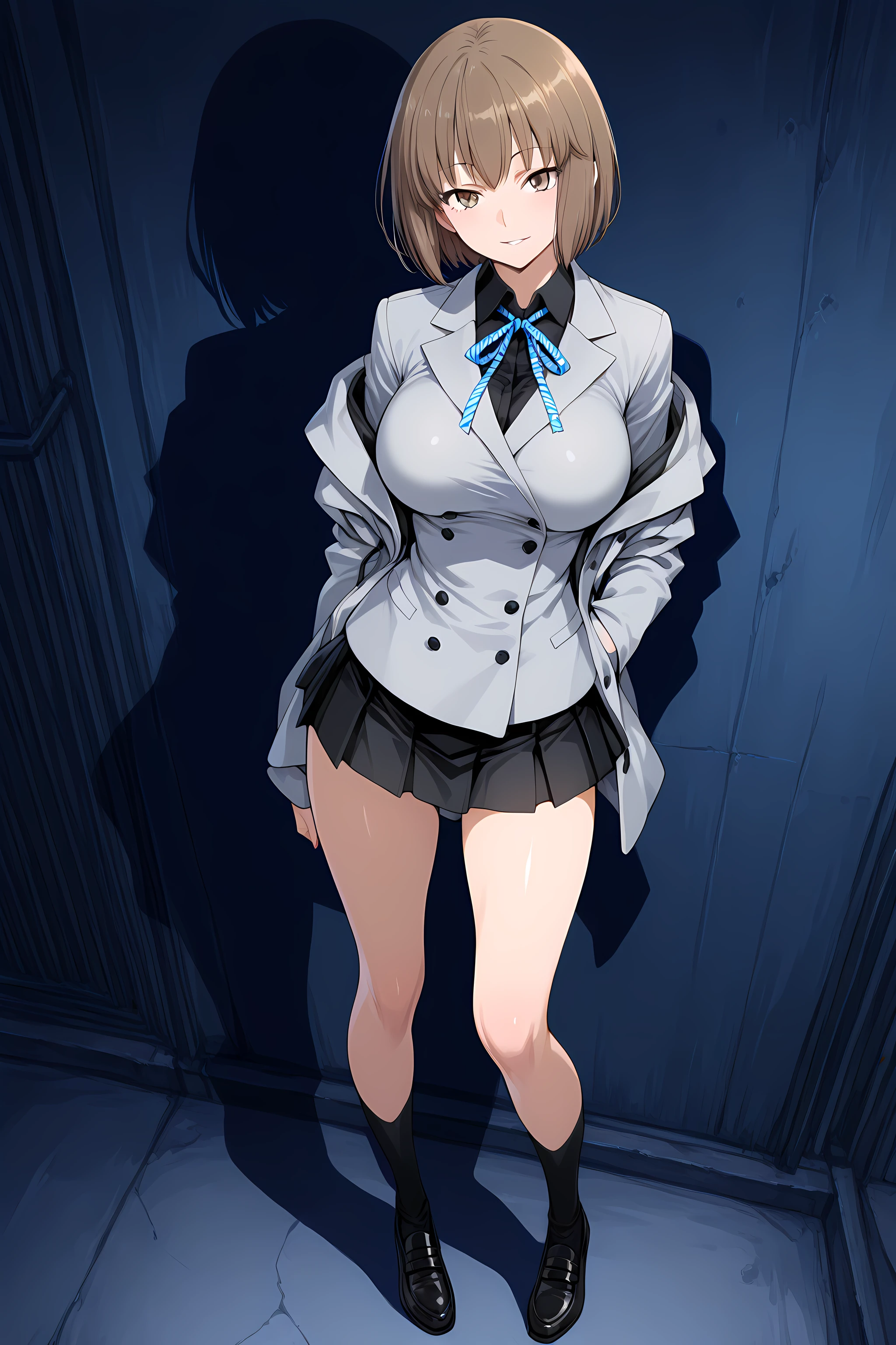 nitta_io(ds2), 1girl, solo, brown hair, short hair, large breasts, brown eyes, seductive smile, looking at viewer, ribbon, grey jacket, black skirt, parted lip, midnight, dark alleyway background, full body, <lora:NittaIo-IllustXL:1>, (masterpiece),(best quality),(ultra-detailed),(best illustration),(best shadow),(absurdres),(detailed background),(very aesthetic),