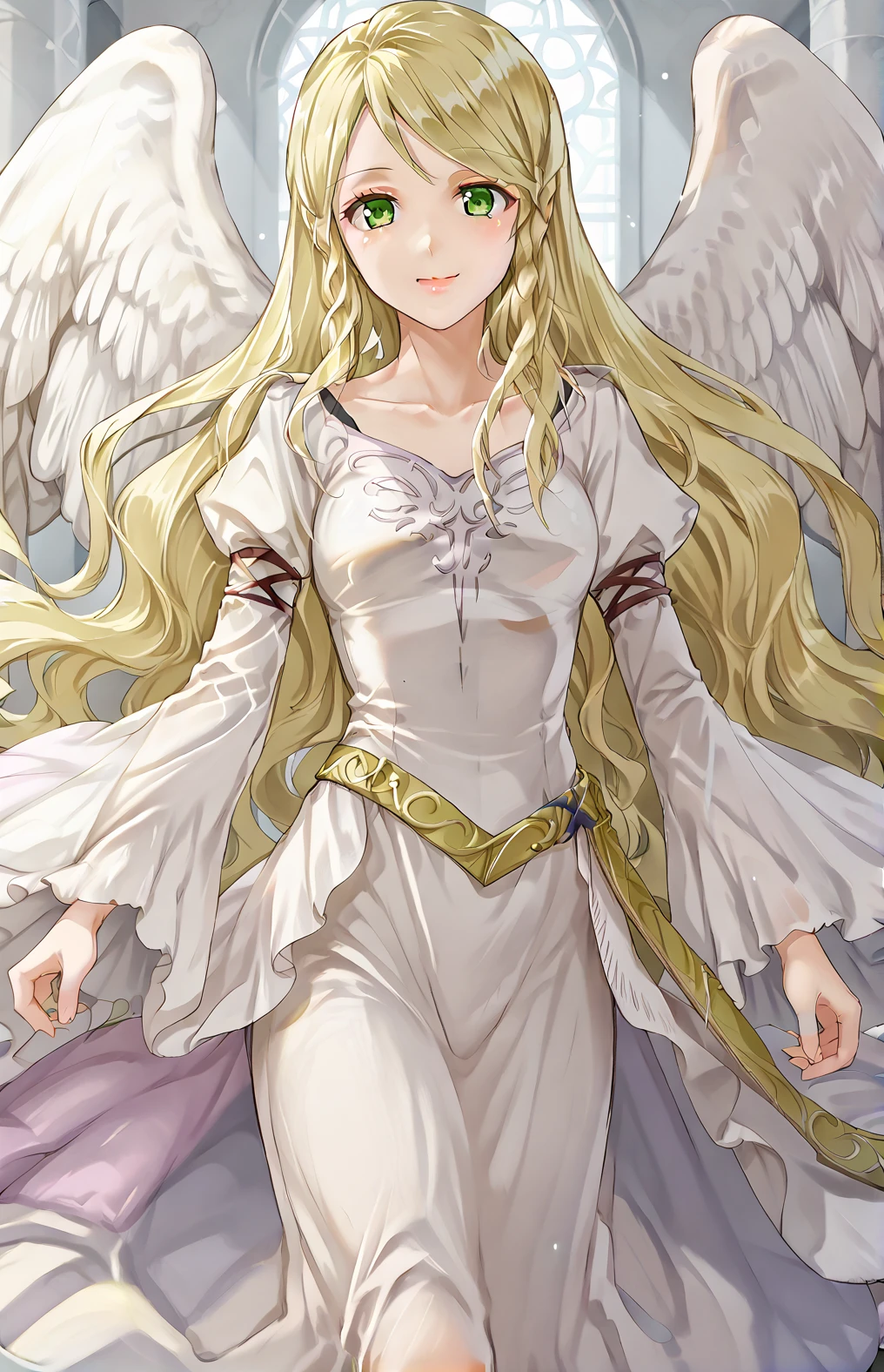 1girl, solo,
Leanne, long hair, wings,white dress,
indoors, looking at viewer, standing, cowboy shot,smile, <lora:Leanne_pony_0.1:0.85> <lora:style_kinako_pony:0.85>