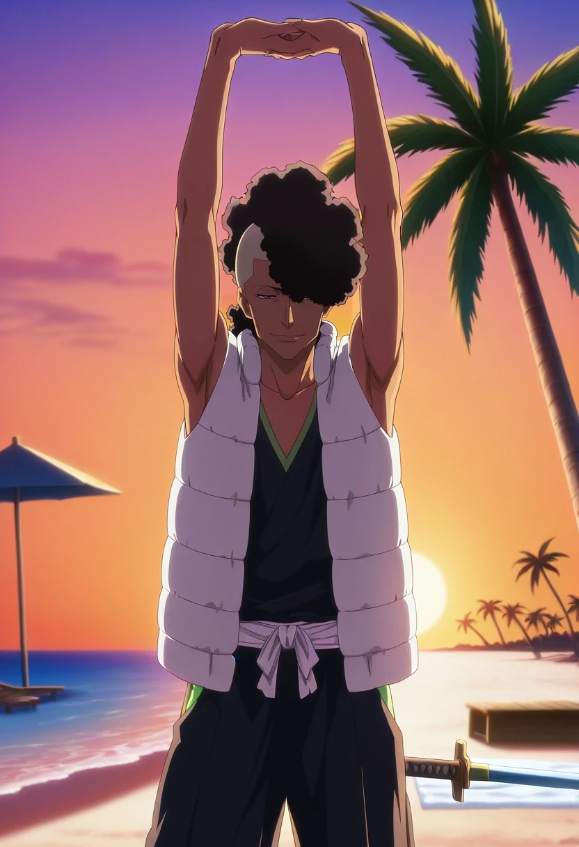 masterpiece, best quality, , anime screencap, anime coloring, official style, , , 1boy, solo, male focus, <lora:ouetsu_nimaiya_ilxl:0.9>, ouetsu_nimaiya, black hair, brown eyes, afro, , vest, sleeveless, sword, straight-on, beach, palm tree, towel, dawn, stretching, half-closed eyes, smile,