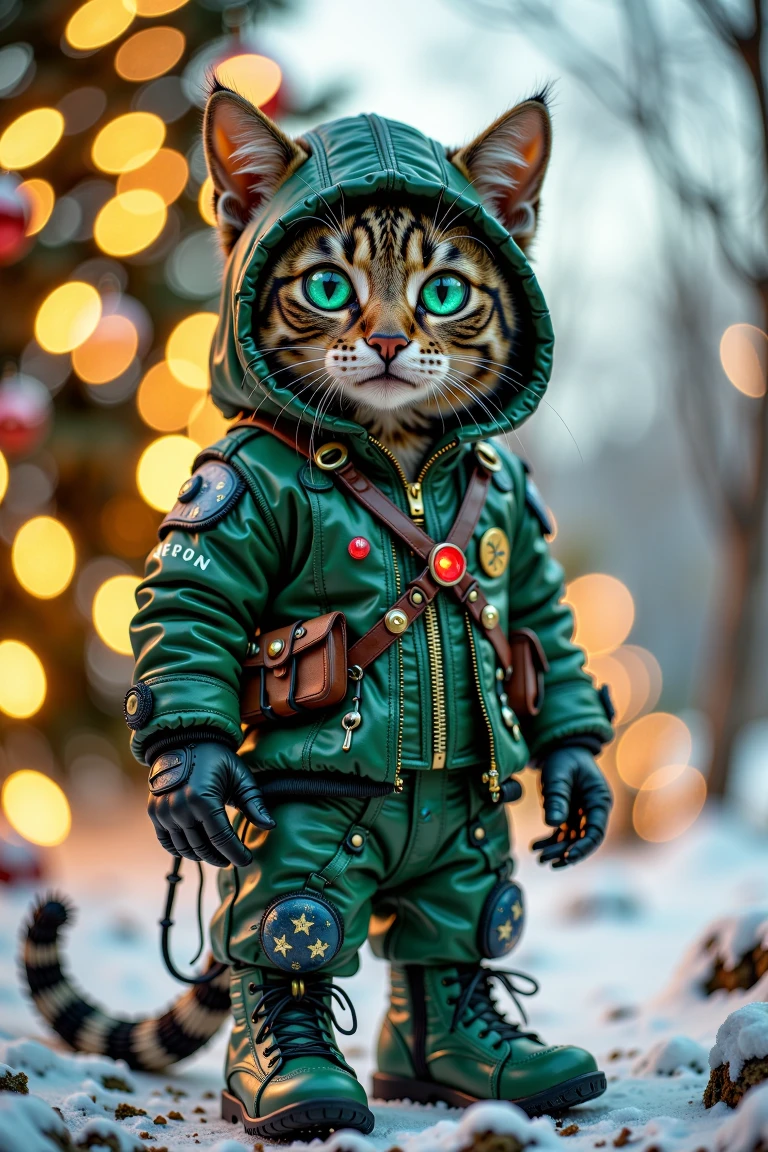 Post-Apocalyptic_Survivor,A cute and playful cat bot dressed in a festive Christmas outfit,featuring a sleek,futuristic design. The outfit showcases a stylish two-tone color scheme of vibrant green and cyan,with intricate holiday-themed patterns **** snowflakes and holly leaves subtly glowing along the edges. The cat bot's mechanical ears are adorned with small Christmas lights,and its glowing cyan eyes exude a cheerful holiday spirit. The background is a cozy,softly lit Christmas scene with a glowing tree,twinkling lights,and gently falling snowflakes.,