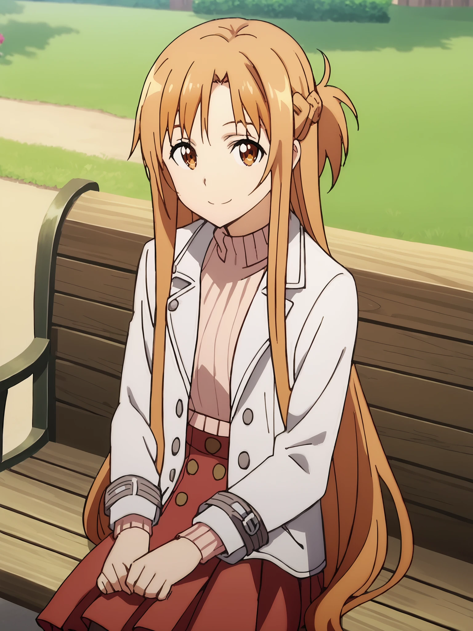 score_9, score_8_up, score_7_up, source_anime,anime screencap, anime coloring, official style,
outside,
 <lora:3-in-1_Asuna_Yuuki_Suguha_Kirigaya_and_Kirito_Kazuto_Kirigaya_Sword_Art_Online_-_Pony:.8>
Asuna Yuuki (character), Asuna white button coat outfit, asuna (sao), 1girl, solo, brown eyes, long hair, skirt, pantyhose, smile, brown hair, sitting, sweater, outdoors, pleated skirt, bench, coat, jewelry, miniskirt, jacket, long sleeves, red skirt, ribbed sweater, very long hair, turtleneck, turtleneck sweater, directly facing the viewer, looking at the viewer, smile