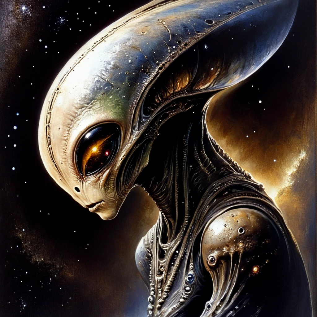 <lora:Ethereal_Gothic_RenaissanceSDXL:1> ArsMJStyle, Etherial Gothic, The image shows a painting of an alien with a face in the foreground set against a dark background., solo, space, profile, yellow eyes, traditional media, portrait, from side, alien, planet, star (sky)