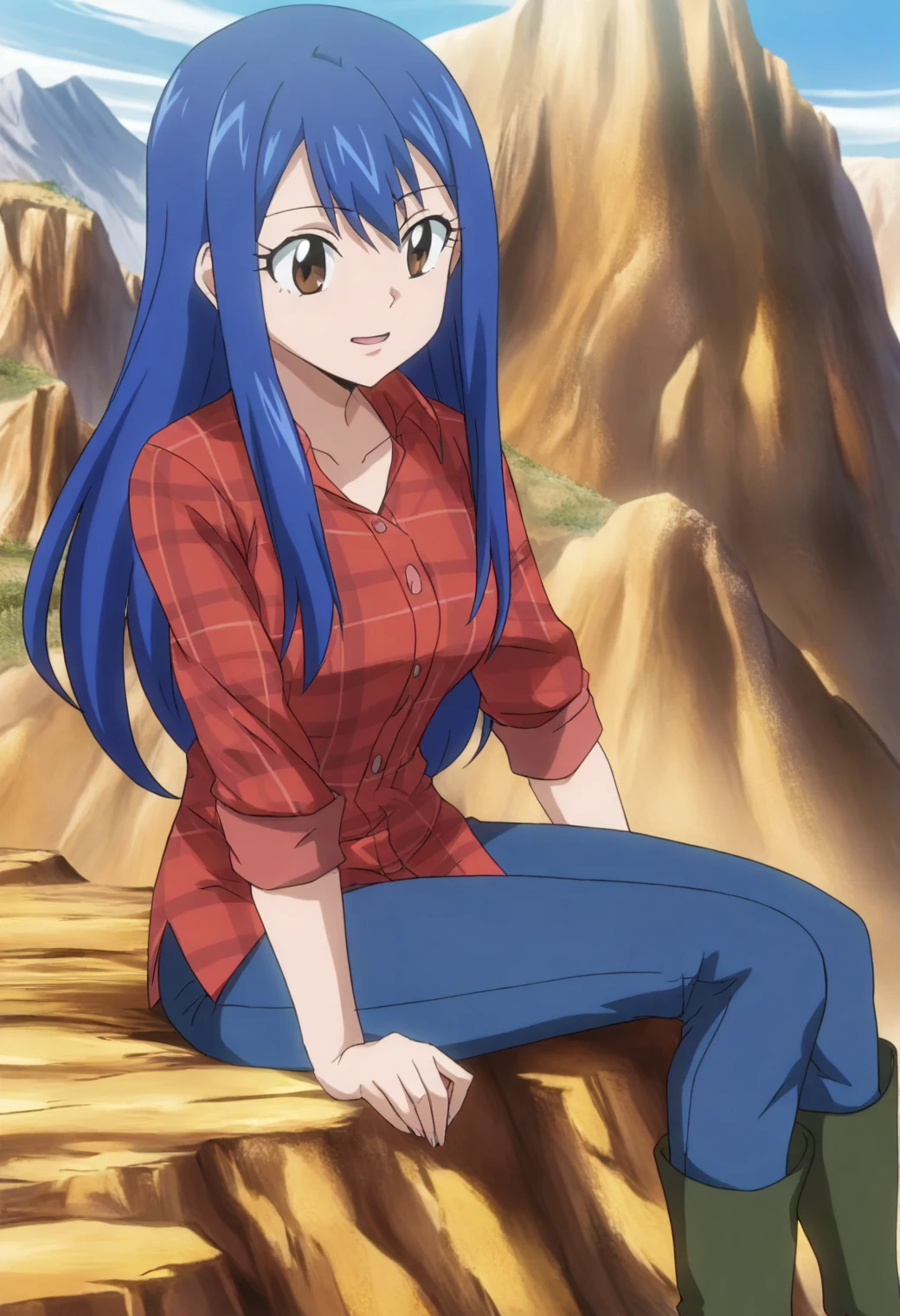 <lora:Wendy Marvell - [Fairy Tail] - illustriousXL v1:1>, sysdeep_wendy, long hair, blue hair, long hair, brown eyes, 1girl, solo, anime coloring, plaid flannel shirt, jeans, hiking boots, sitting on a rocky cliff, overlooking a mountain range,