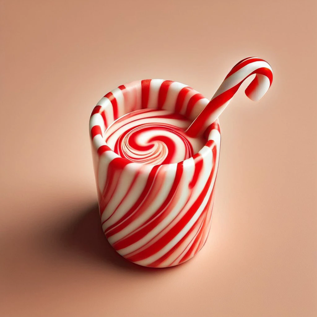 candy_style, cup made of candy cane, liquid, fluid, melted candy fluid, steam, stripes, from above