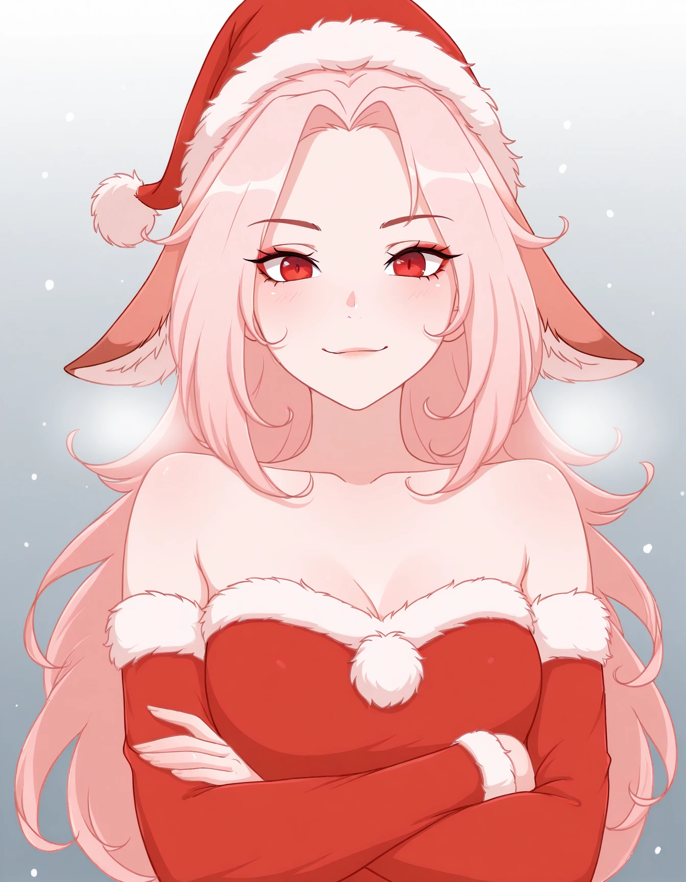 masterpiece, best quality
Madam_Ai,  solo, girl, pink hair, red eyes, animal ears, santa hat, santa dress, detached sleeves, bare shoulders, crossed arms, looking at viewer, closed mouth, gradient background, snowing, smile, mouth vapour, floppy ears
 <lora:Madam_Ai_illustriousXL:0.9>