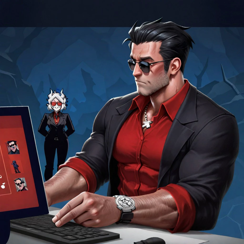 GwentstyleIL-V1.0, masterpiece, best quality, newest, absurdres, highres, GwentstyleIL-V1.0 1boy, helltaker \(helltaker\), sunglasses, glasses, black hair, short hair, muscular, muscular male