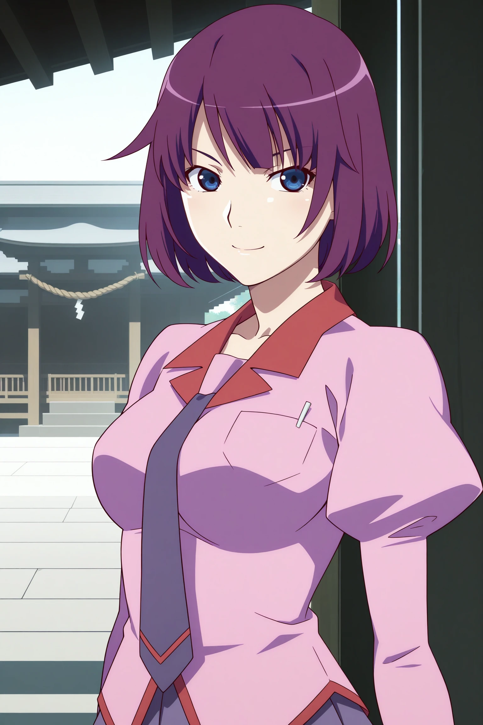 masterpiece, best quality, amazing quality, highres, absurdres, very aesthetic, high resolution, ultra detailed, perfect details, 1girl, solo, outdoors, shrine, medium breasts, hitagi senjougahara, bob cut, purple hair, blue eyes, long sleeves, puffy sleeves, pink shirt, untucked shirt, breast pocket, purple tie, purple skirt, pleated skirt, black thighhighs, zettai ryouiki, loafers, <lora:Hitagi_Senjougahara_ILXL:0.8>, (aged up:1.2), (upper body:1.5), looking at viewer, smile, dim lighting, anime coloring, anime screencap, (pose:1.6)