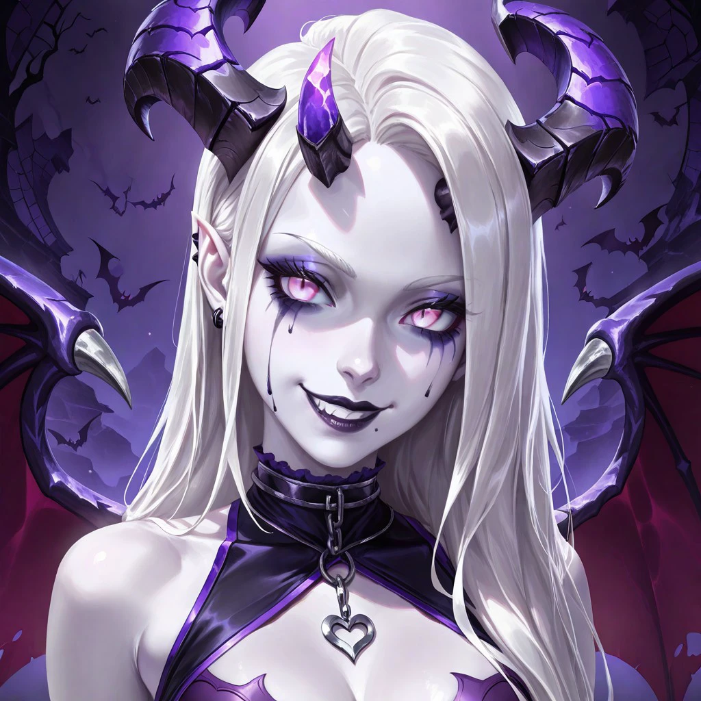 masterpiece, best quality, newest, absurdres, highres, LORstyleIL-V1.0, 1girl, white skin, white colored skin, pale skin, albino, albino skin, horns, demon horns, demon girl, succubus, wings, bat wings, demon wings, goth, goth girl, goth makeup, runny makeup, smile, grin, closed mouth,
