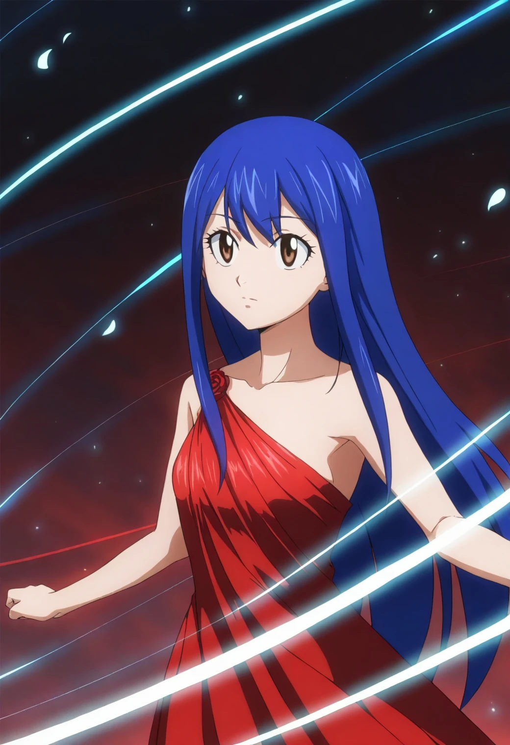 <lora:Wendy Marvell - [Fairy Tail] - illustriousXL v1:1>, sysdeep_wendy, long hair, blue hair, long hair, brown eyes, 1girl, solo, anime coloring, crimson satin gown, cascading light trails, spinning mid-air, surrounded by glowing sparks,