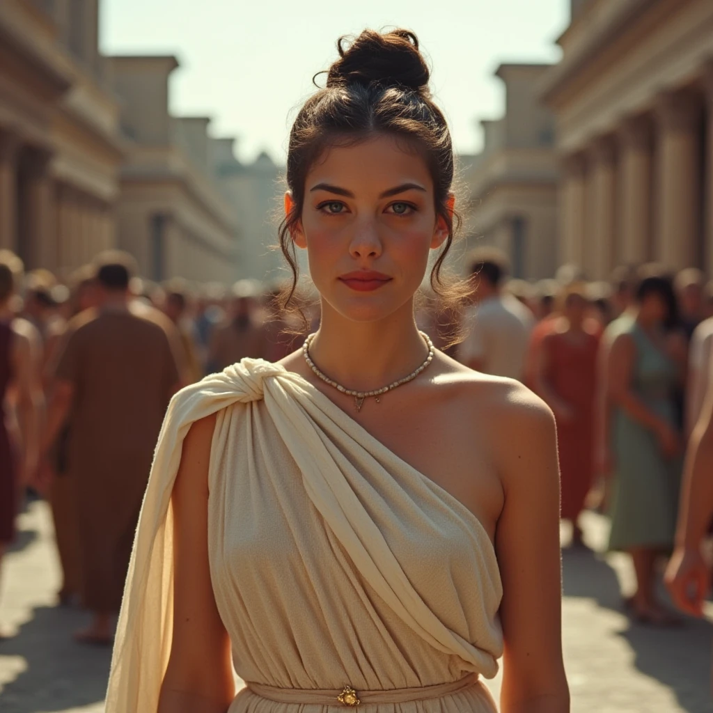 Instagram selfie of a woman during the ancient roman empire standing in the middle of a marketplace in ancient rome with people and merchants all around her. She has a toga on as would be befitting for a madam of the house and has a neutral expression. She has almost no makeup on. Her hair is in an intricate updo and held together by some golden hairpins., <lora:Livtyler_FLUX_v1-merger_merger33_73_merger45_73_03_07:1.05>