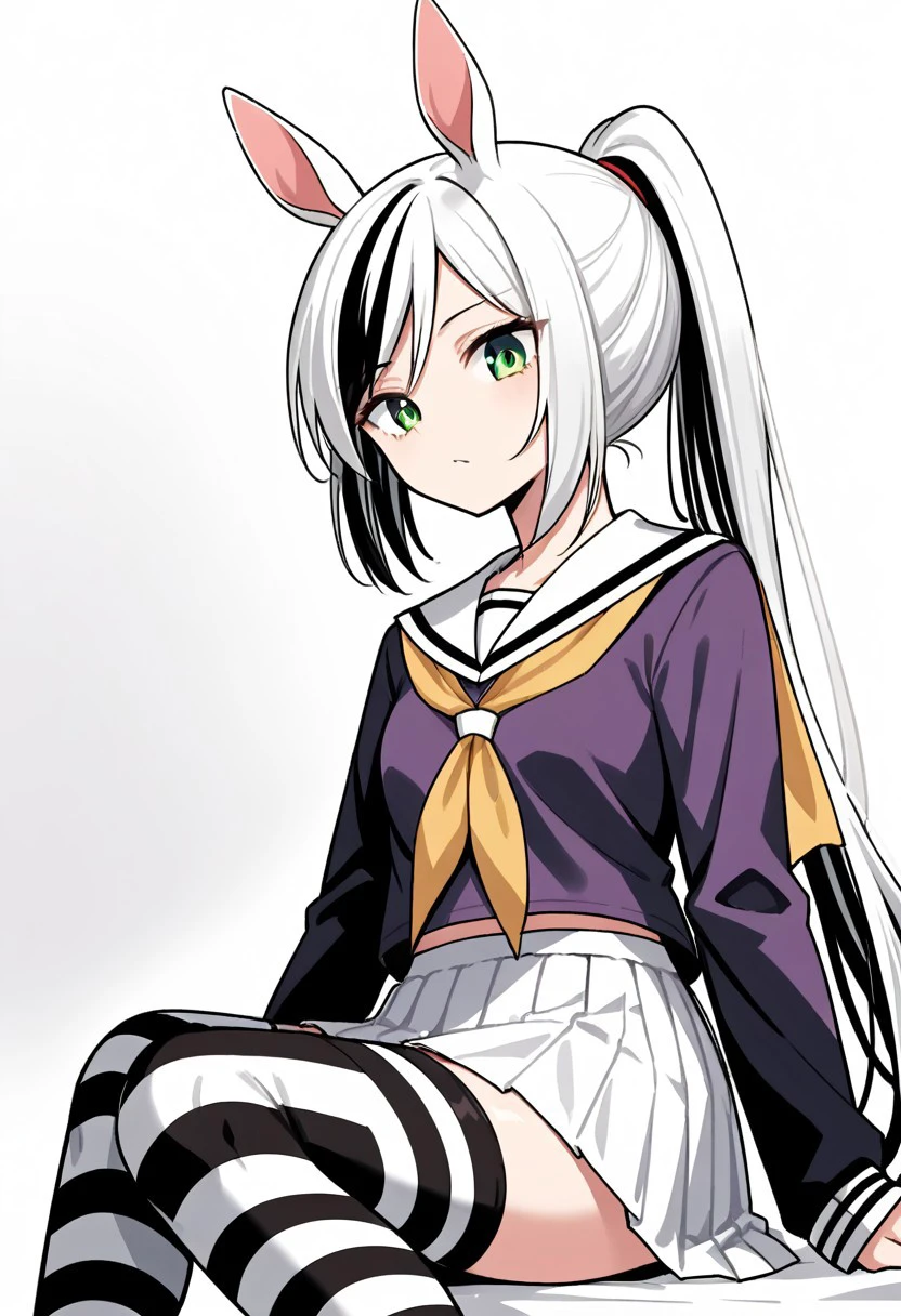 score_9, score_8_up, score_7_up, score_6_up, score_5_up, score_4_up, Chroe Mashima, (hair: long hair, black and white hair, streaked hair), horse ear, (pale green eyes: 1.2), 1 ponytail, skirt, school uniform, pleated skirt, serafuku, white skirt, shirt, purple shirt, sailor collar, white sailor collar, long sleeves, scarf, yellow scarf, striped stockings, knee-high stockings,