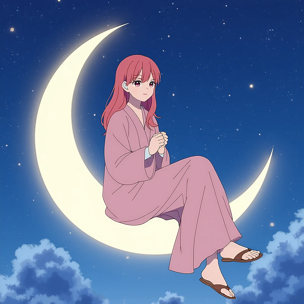 Yuki sitting on a crescent moon, dressed in flowing ethereal robes