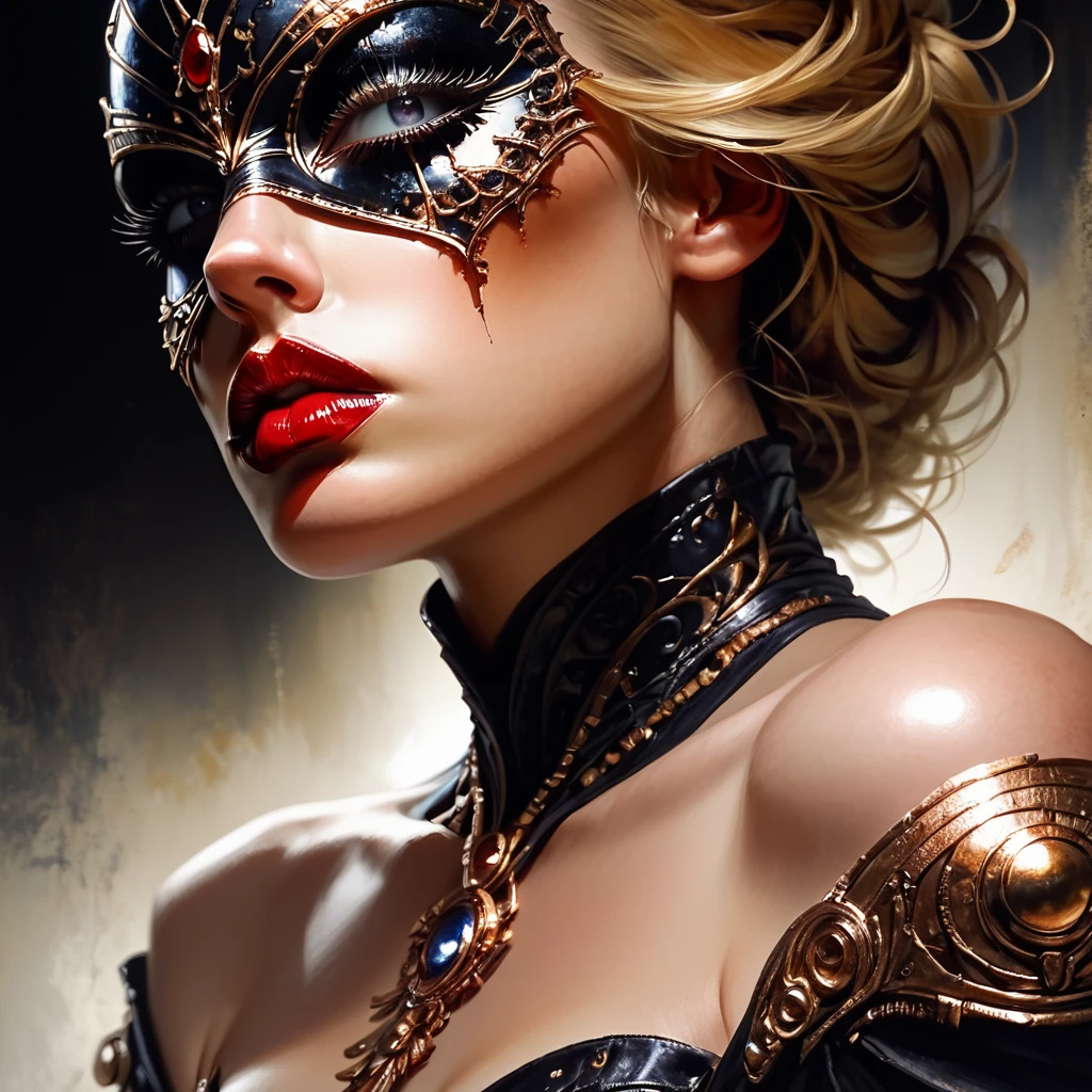 Score_9, score_8_up, score_7_up, score_6_up, BREAK <lora:Ethereal_Gothic_RenaissancePony:1> ArsMJStyle, Etherial Gothic, The image shows a woman wearing a black and gold mask and gloves with a painting of a woman in the background. Her face is painted with intricate details and her eyes are closed giving her a peaceful and serene expression., 1girl, solo, jewelry, blonde hair, ring, red lips, lipstick, makeup, portrait, lips