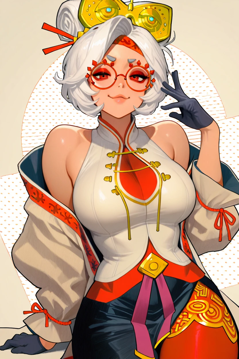 masterpiece, best quality,    purah, white hair, red eyes, hair ornament, red headband, red glasses, sleeveless shirt, white coat, black skirt, red leggings, looking at viewer, smug, abstract background, gloves, lips,    ,<lora:IckpotIXL_v1:1.0>,