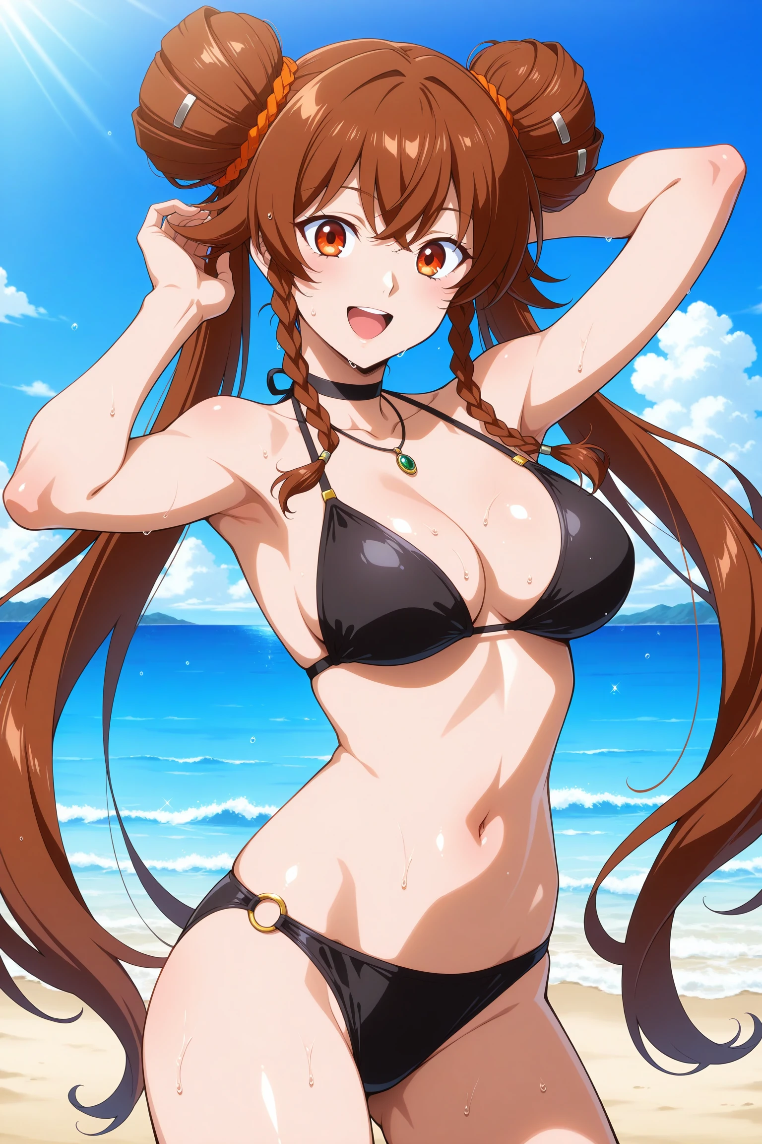 masterpiece, best quality, amazing quality, highres, absurdres, very aesthetic, high resolution, ultra detailed, perfect details, 1girl, solo, outdoors, ocean, blue sky, sunlight, medium breasts, nen master, very long hair, brown hair, double bun, twintails, orange hair tie, sidelocks, twin braids, orange eyes, jewelry, black bikini, <lora:Nen_Master_ILXL:0.8>, (aged up:1.8), (cowboy shot:1.1), looking at viewer, smile, (anime coloring:1.5), (anime screencap:1.5), open mouth, wet, (pose:1.2)