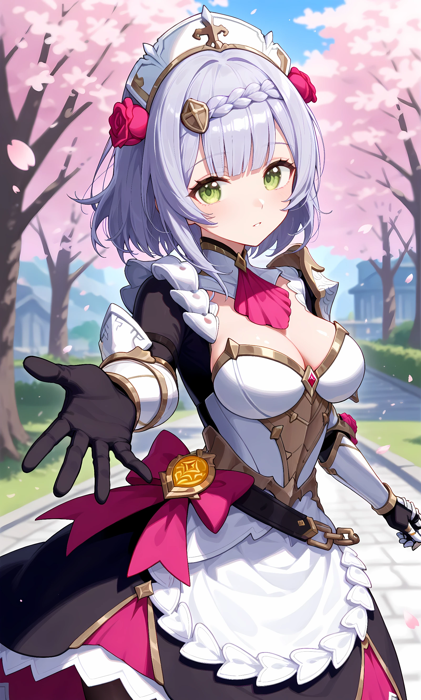 score_9, score_8_up, score_7_up, source_anime, 1girl, solo, outdoors, street, cherry blossoms, cowboy shot, looking at viewer, shiny skin, close-up, looking at viewer, noelle (genshin impact), grey_hair, green_eyes, braid, short_hair, wavy_hair, medium_hair, armored_dress, cleavage, gauntlets, hair_flower, maid_headdress, red_rose, apron, red_ascot, shoulder_armor, armored_boots, braided_bangs, reaching out, from side