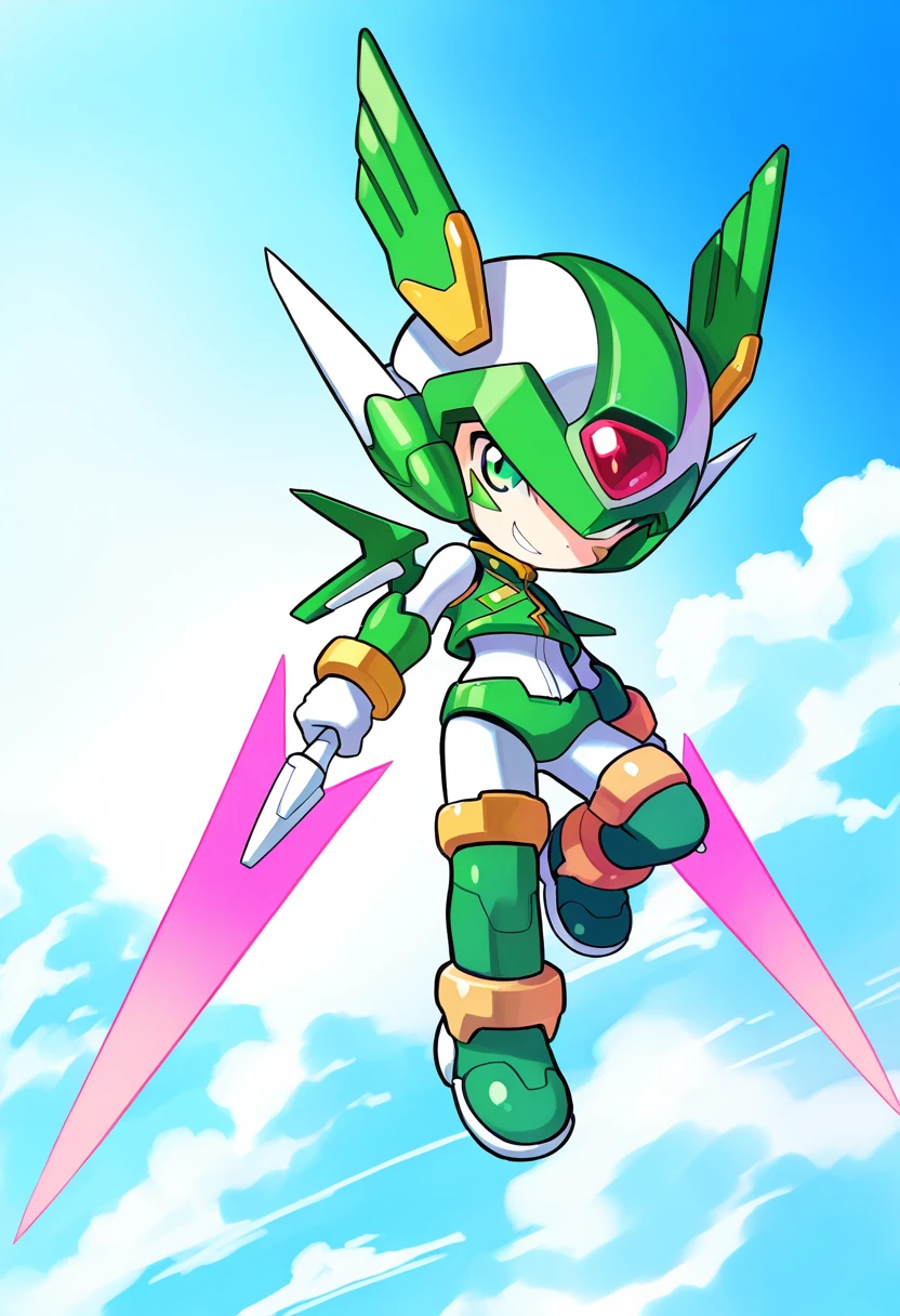 source anime,highly detailed,score 9,score 8 up,score 7 up, <lora:Sage_Harpuia:1> harpuia, solo, 1boy, full body, midair, flying, leg up, sky, clouds, helmet, forehead jewel, green eyes, facial mark, crop top, white gloves, thigh boots, green footwear, sword, energy sword, arms at sides, smirk, smug, chibi,