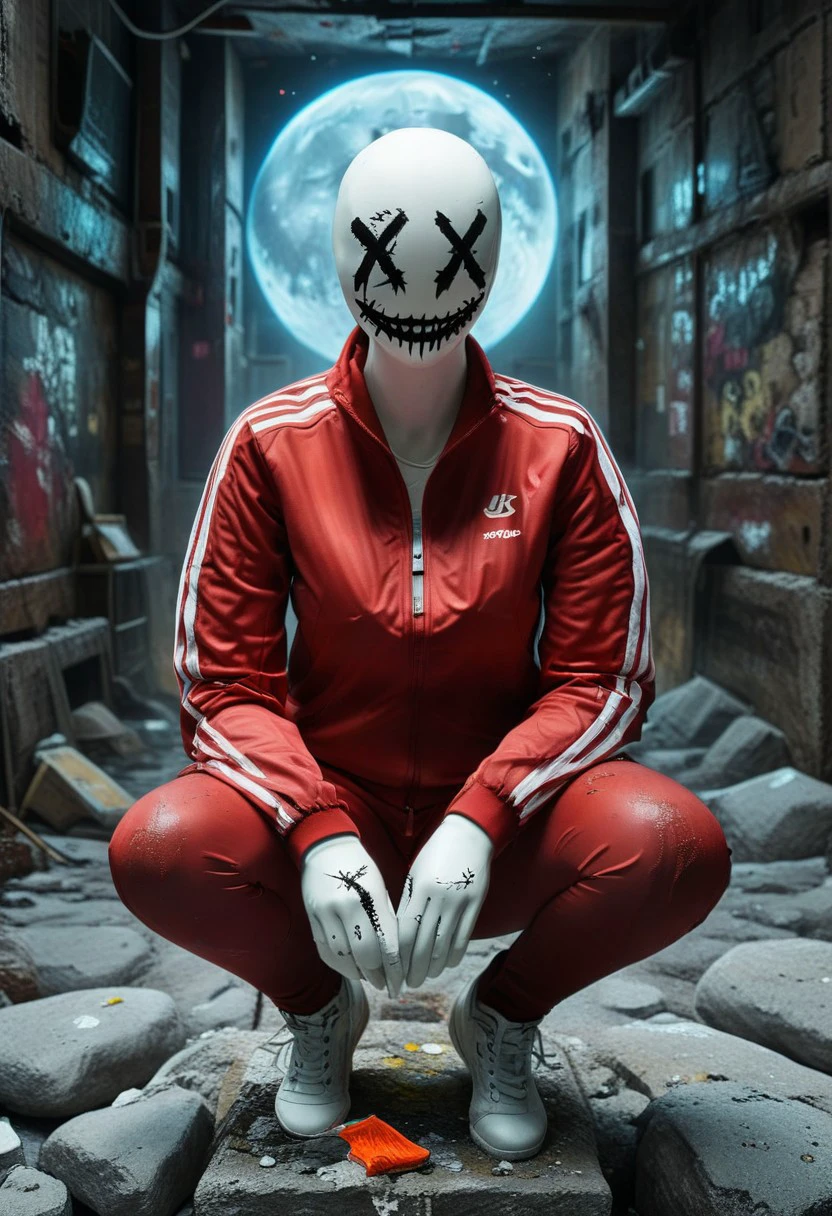 score_9, score_8_up, score_7_up, hyper details, masterpiece, high quality v3, (ultra-HD details), blgStyle
XDDFace White faceless mannequin with x-eyes and sewn smile wearing red tracksuit with white stripes, resembling a sports jacket and mahogany color sport leggings, sitting on a rock in a post apocalyptic ruined street, art fluorescent spraypaint graffity alley city at night, moon great lighting with fluorescent dust, dvr-lnds-sdxl, debris,