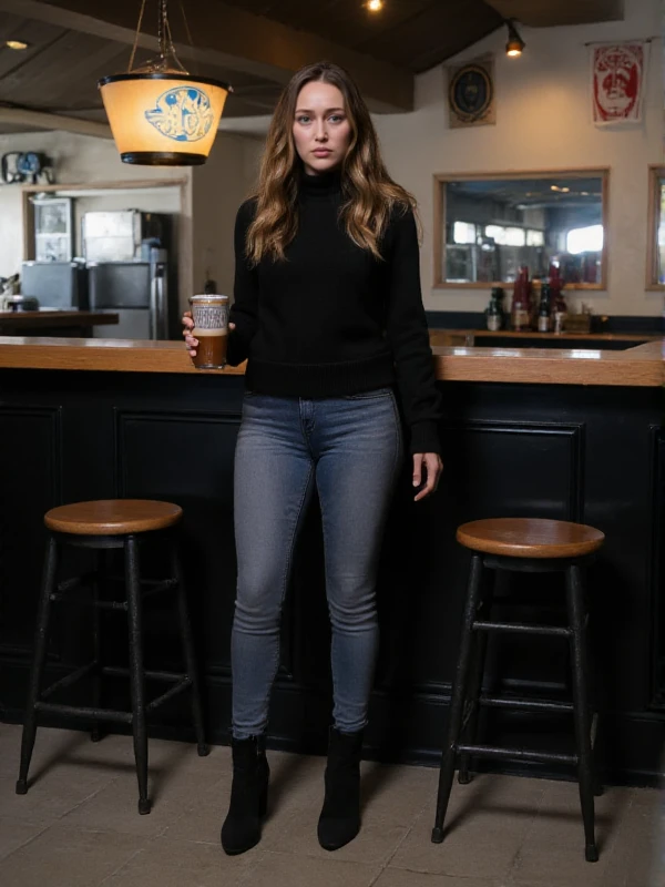 <lora:Alicia_Clark:0.9>  alicia clark, a woman with long hair, realistic, wears a turtleneck and tight jeans and higheels. she holds a beer in a Post apocaliptic pub