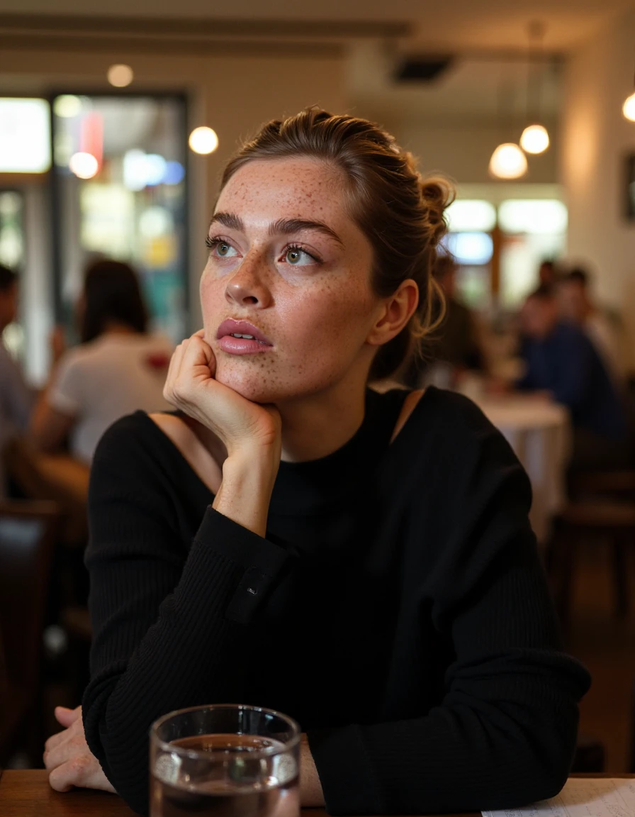 The image is a close-up of a woman's face. She appears to be in a restaurant or cafe, as there are other people in the background. The woman  is fashionable. She is wearing a black long-sleeved shirt and is looking off to the side with a serious expression on her face. In front of her, there is a glass of water on a table. The background is blurred, but it seems to be a busy, busy restaurant.  <lora:swantji_paulina_dev_f1:1> <lora:FLUX.1-Turbo-Alpha:1>