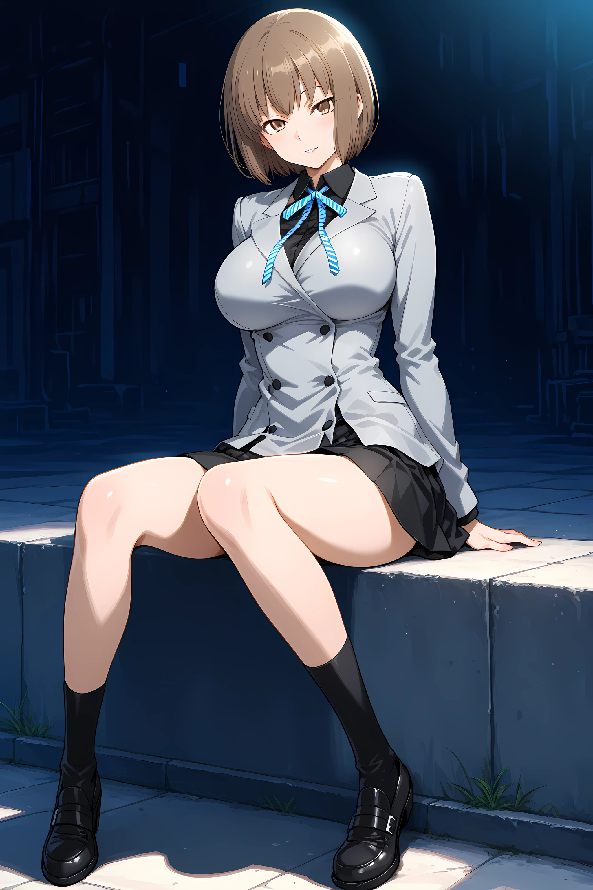 nitta_io(ds2), 1girl, solo, brown hair, short hair, large breasts, brown eyes, seductive smile, looking at viewer, ribbon, grey jacket, black skirt, parted lip, midnight, dark alleyway background, full body, sitting on wall, <lora:NittaIo-IllustXL:1>, (masterpiece),(best quality),(ultra-detailed),(best illustration),(best shadow),(absurdres),(detailed background),(very aesthetic),