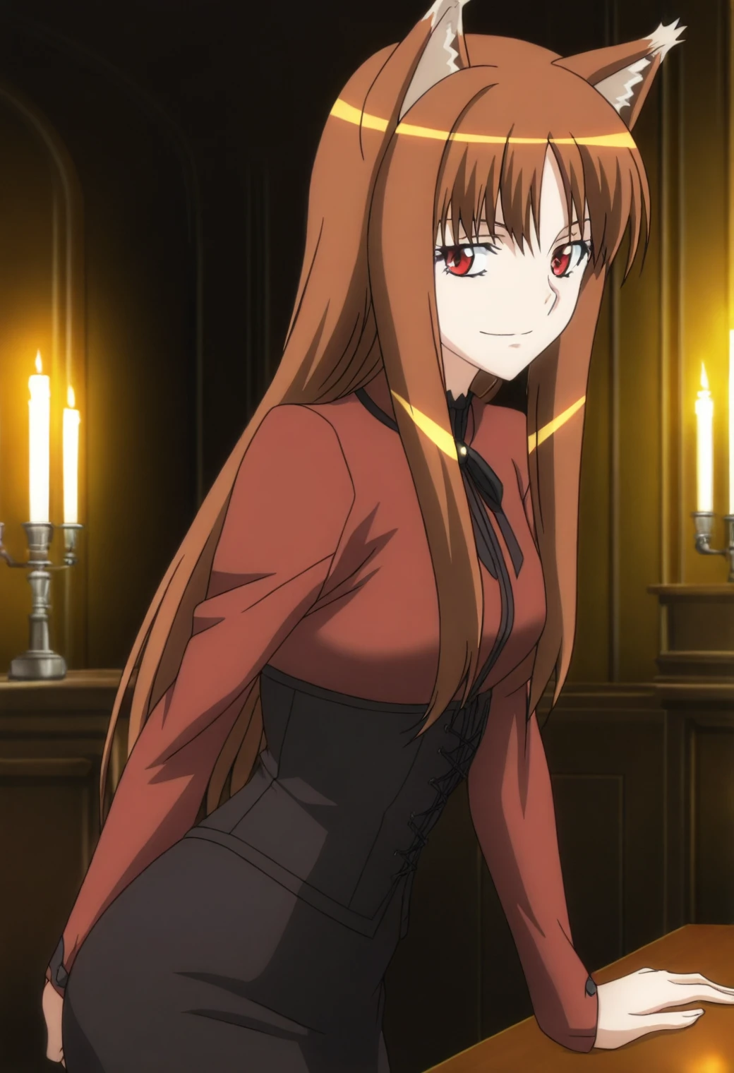 <lora:Holo - [Spice and Wolf] - illustriousXL v1:1>, sysdeep_holo, wolf ears, brown hair, red eyes, long hair, anime coloring, 1girl, solo, black corset, candlelit room, leaning against table, seductive smile