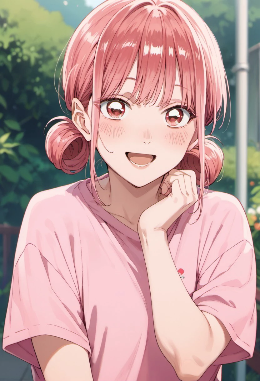 score_9, score_8_up, score_7_up, source_anime, chono hina, pink hair, pink eyes, hair bun, 1girl, solo, open mouth, looking at viewer, smile, double bun, pink shirt, shirt, blush, outdoors