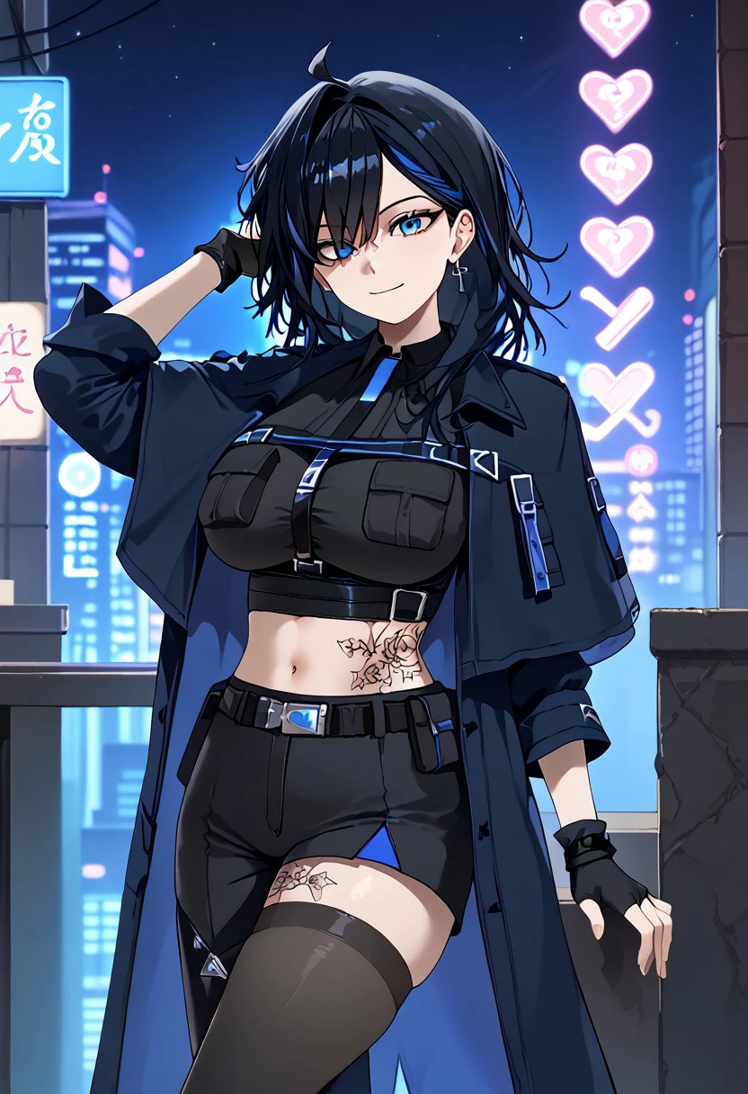 1girl, solo, solo focus, highres, absurdres, AyaseYuu, blue eyes, black hair, blue hair, black gloves, black shirt, multicolored hair, midriff, fingerless gloves, crop top, navel, tattoo, streaked hair, belt, black thighhighs, bangs, jewelry, cross earrings, ahoge, black shorts, piercing, collared shirt, black pants, black footwear, blue jacket, high heel boots, ear piercing, asymmetrical legwear, black coat, necktie, single thighhigh, monocle, capelet, short sleeves, single pantsleg, breast pocket,
looking at viewer, head tilt, light smile, large breasts, hand up, adjusting hair,
cityscape, dark, night, night sky, neon lights, shade, backlighting,
