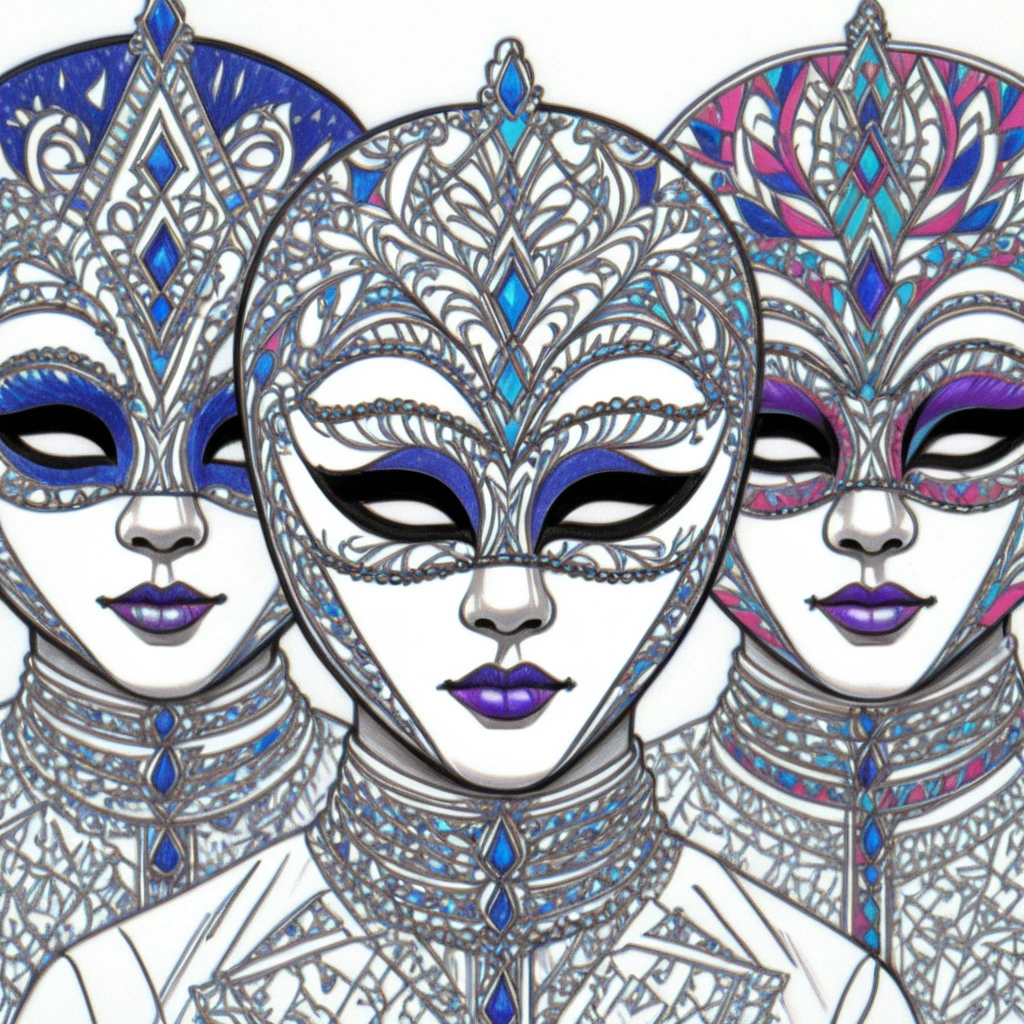 <lora:Moonlit_MinimalismSDXL:1> ArsMJStyle, Moonlit Minimalism, The image shows a drawing of three people wearing masks with intricate details and vibrant colors. The masks are arranged in a triangular formation with the tallest mask in the center and two smaller masks on either side. The colors used in the drawing are bright and vivid creating a striking contrast against the white background., makeup, lipstick, jewelry, sunglasses, looking at viewer, monochrome, white background, 3girls, multiple girls