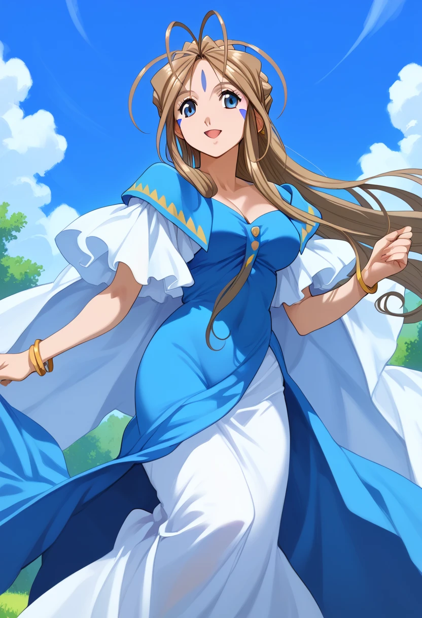 score_9, score_8_up, score_7_up, score_6_up, score_5_up, score_4_up, masterpiece, best quality, BREAK,
1girl, blue_sky, <lora:Belldandy_Pony:1> belldandy, facial mark, long hair, brown hair female, bracelet, large breasts, antenna hair, long dress,