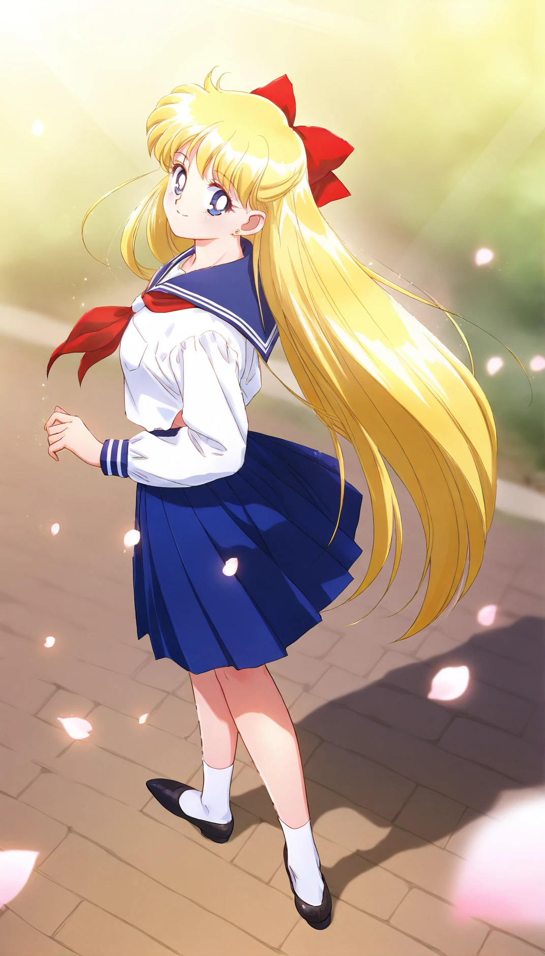 masterpiece,best quality,amazing quality,
<lora:ainominakoIL:1>,
ainominako,
1girl,solo,
blonde hair,long hair,bangs,red hair bow,golden earrings,
blue eyes,looking at viewer,smile,
white shirt,long sleeves,blue collar,red neckerchief,blue skirt,white socks,black strap flat shoes,
from above,back view,standing,
blurry background,depth of field,vignetting,soft lighting,light particles,
park,falling petals,