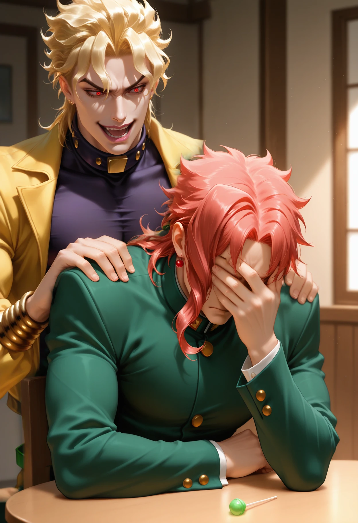 masterpiece, best quality, realistic,
<lora:Facepalm [IL]_1:0.8> facepalm, upper body, hand on own face, hand on table, covering face, sits, sigh, frown, table, lollipop on table, gem, 
kakyoin_noriaki, jojo_no_kimyou_na_bouken, , red_hair, green school uniform
2boys, male focus, hands on shoulders
dio_brando, jojo_no_kimyou_na_bouken, blonde_hair, red_eyes, evil laugh, yellow jacket,