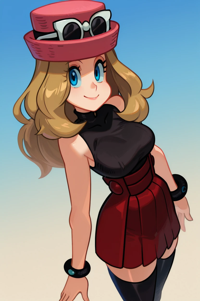 masterpiece, best quality, 1girl, solo, beautiful eyes, zzSerena, solo, long hair, blue eyes, eyewear on headwear, pink headwear, eyelashes, sleeveless shirt, black shirt, bracelet, high-waist skirt, red skirt, black thighhighs,  <lora:SerenaPokemonIXL_v2:1.0>,   <lora:AlexAhad_IXL_v1:1.0>, from above, dynamic pose, cowboy shot, smile, looking at viewer, shiny skin,