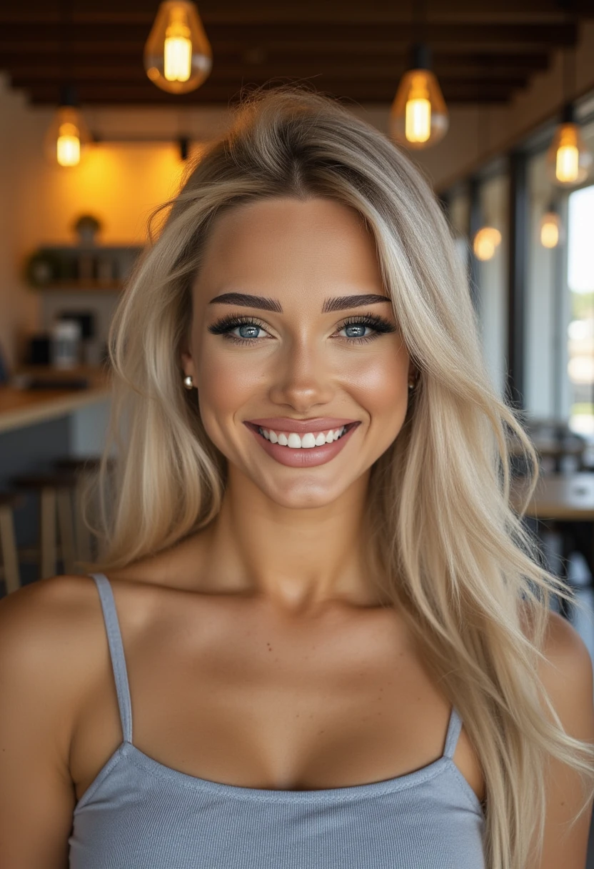 A high-resolution photograph captures a young woman with long, wavy blonde hair cascading gracefully past her shoulders. Her fair complexion is dotted with a few delicate freckles, and her broad smile, showcasing bright white teeth, radiates warmth and happiness. Her clear blue eyes sparkle with natural light, while minimal makeup enhances her fresh, effortless beauty. She is dressed in a light grey tank top with thin straps, its sleeveless design revealing her toned arms and shoulders, adding a touch of casual elegance.

The softly blurred background features a warm, inviting indoor setting, illuminated by multiple hanging light bulbs with a golden-orange glow. These lights create a cozy bokeh effect, hinting at a modern and stylish interior space. The lighting in the image is soft and natural, streaming in from large windows or skylights, gently accentuating the contours of her face and the texture of her hair. The overall mood of the photograph is cheerful, intimate, and welcoming, drawing the viewer into the subject’s approachable and friendly demeanor. J43SS