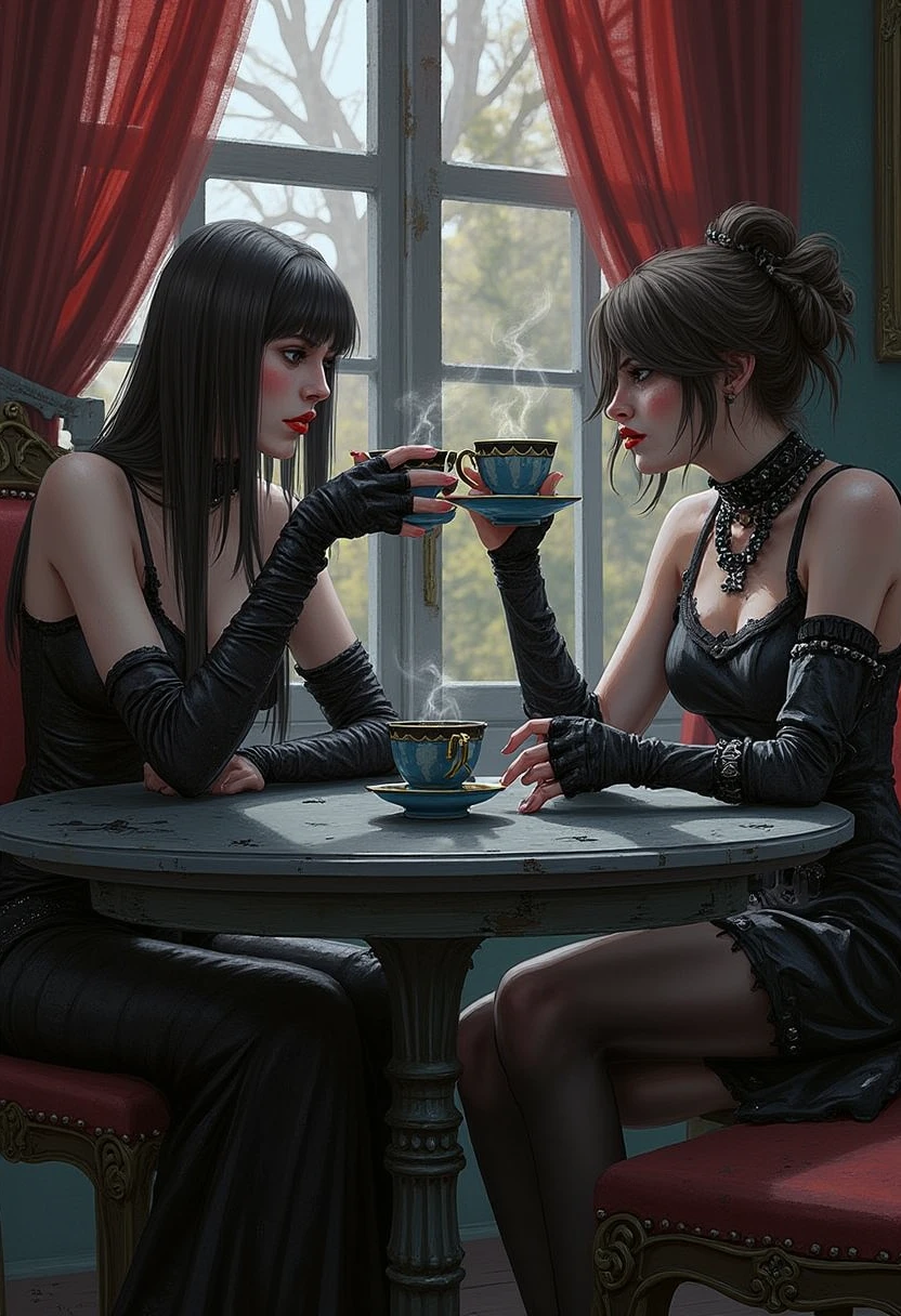 YFG-Hamrater Gothic illustration of two women with contrasting dark aesthetics sharing tea at a round, tattered table. One has long, sleek hair and red lips, dressed elegantly in black; the other has messy hair, pale skin, and punk-style black attire with fingerless gloves. Steaming tea cups add a ghostly ambiance, set in a dimly lit, vintage parlor with rich, red drapes and Victorian furniture