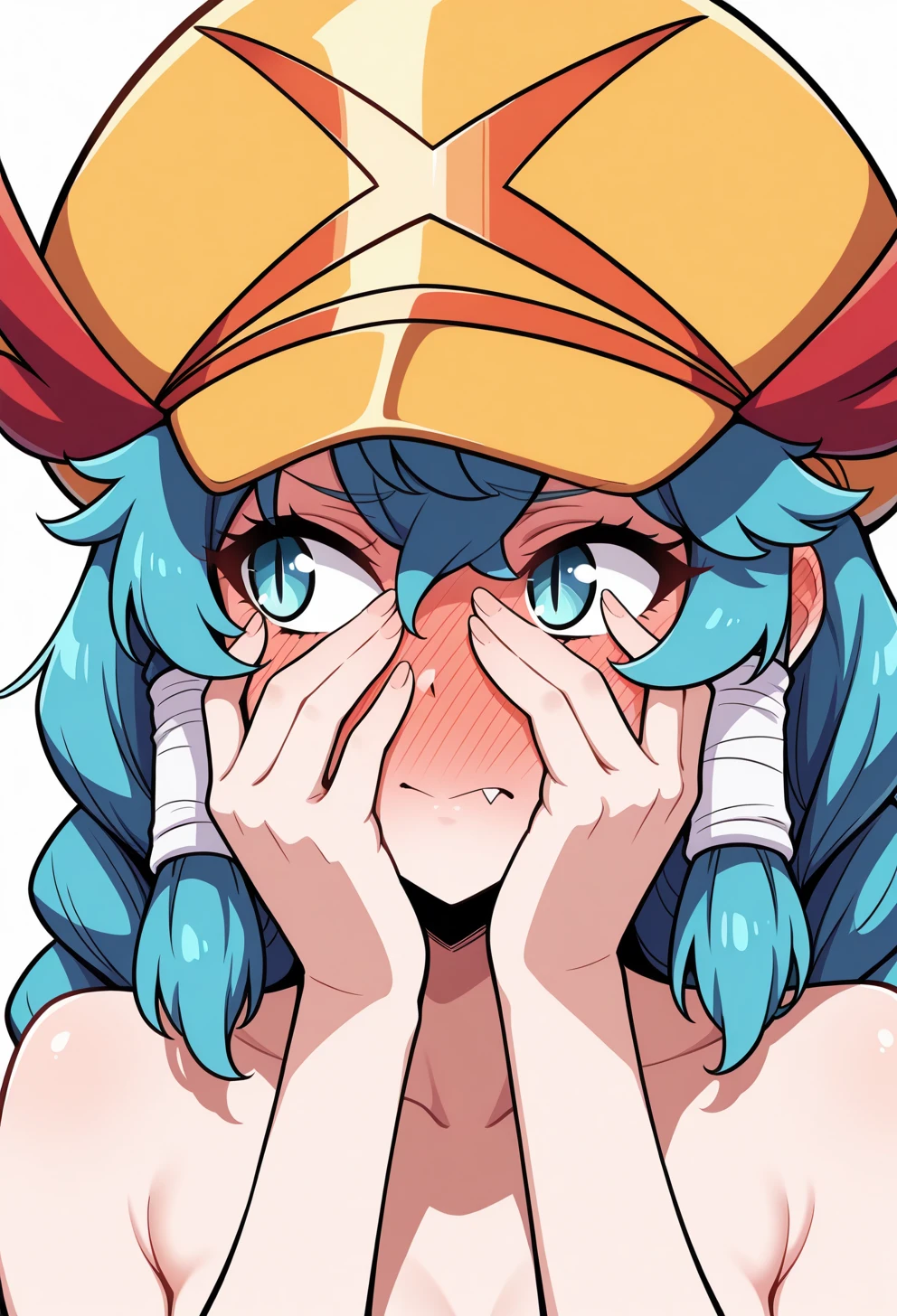 masterpiece, best quality, high quality, anime, <lora:AEMelIllx:1>AEMel, aqua eyes, slit pupils, blue hair, twin braids, sidelocks, hair tubes, very long hair, yellow hat, hat over one eye, full-face blush, fang out, covering face, portrait, looking to the side, upper body, convenient censoring, nude,