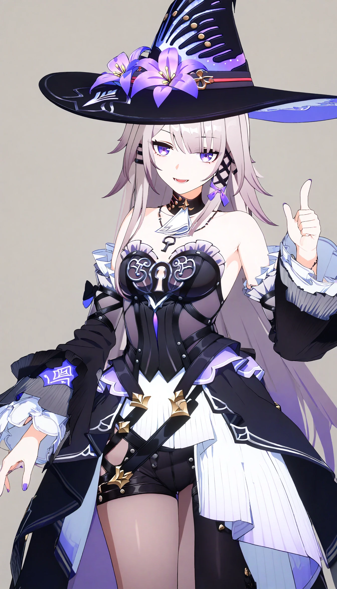 (best quality,8K, masterpiece,simple background,none background :1.3),anime,The Herta, 1girl, young,solo,hat,purple eyes,long hair, detached sleeves, earrings,(clevage:1.2),medium breasts,standing, (key necklace:0.8), keyhole on chest,nail polish, thumb up, looking at viewer,smile,opened mouth