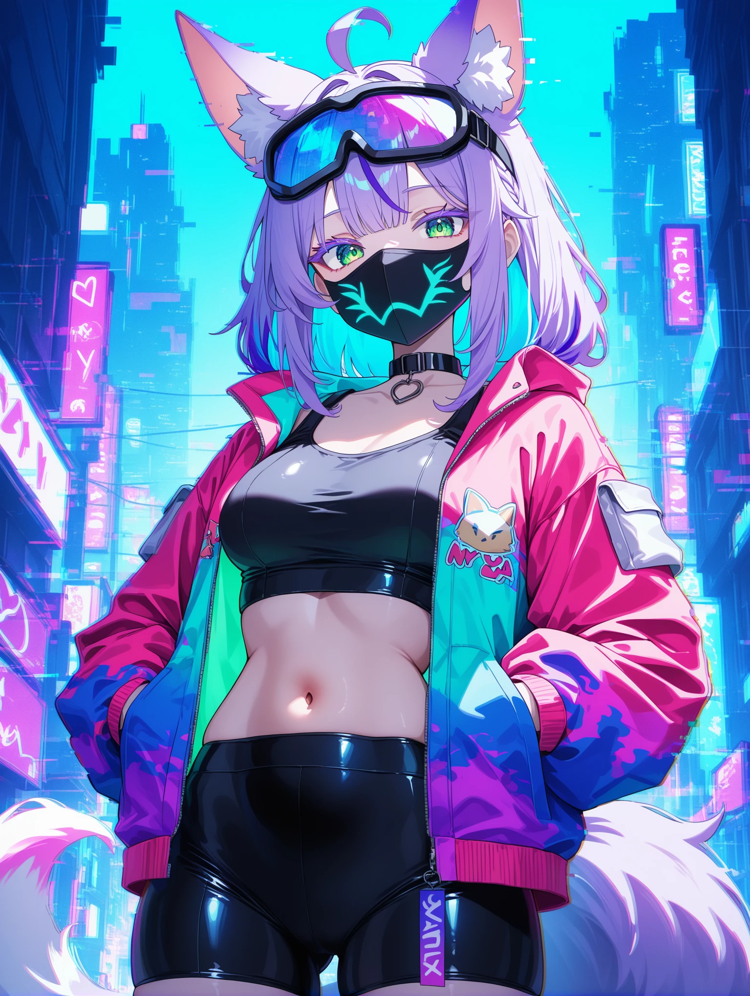 1girl, fox girl, fox ears, fox tail, Nyan-purple hair, multicoloured hair, medium-length hair, colored eyelashes, green eyes, wearing goggles, facemask, fox print, choker, neon palette jacket, open jacket, crop top, Spandex, hands in jacket, neon glitch, neon city, glitch, looking at viewer,
,masterpiece,best quality,newest,absurdres,highres,very awa,