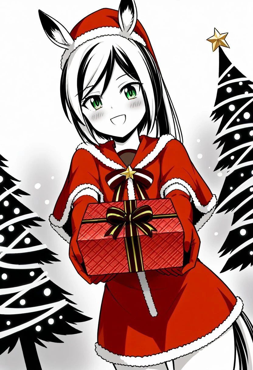 Chroe Mashima, (Hair: Long hair, Black and white hair, Streaked hair), Horse ear, (Pale green eyes: 1.2), 1 ponytail, <lora:santa-costume-ponyxl-lora-nochekaiser:1>, santa costume, santa hat, christmas, sack, merry christmas, gift, fur-trimmed headwear, holding sack, santa dress, fur-trimmed dress, christmas tree, christmas tree, fur trim, red capelet, gift box, red gloves, fur-trimmed capelet, santa gloves, red hat, hat,, smile, blush, looking at viewer, <lora:incoming-gift-ponyxl-lora-nochekaiser:1>, incoming gift, outstretched arms, holding, holding gift, gift, gift box,, , dutch angle, cowboy shot