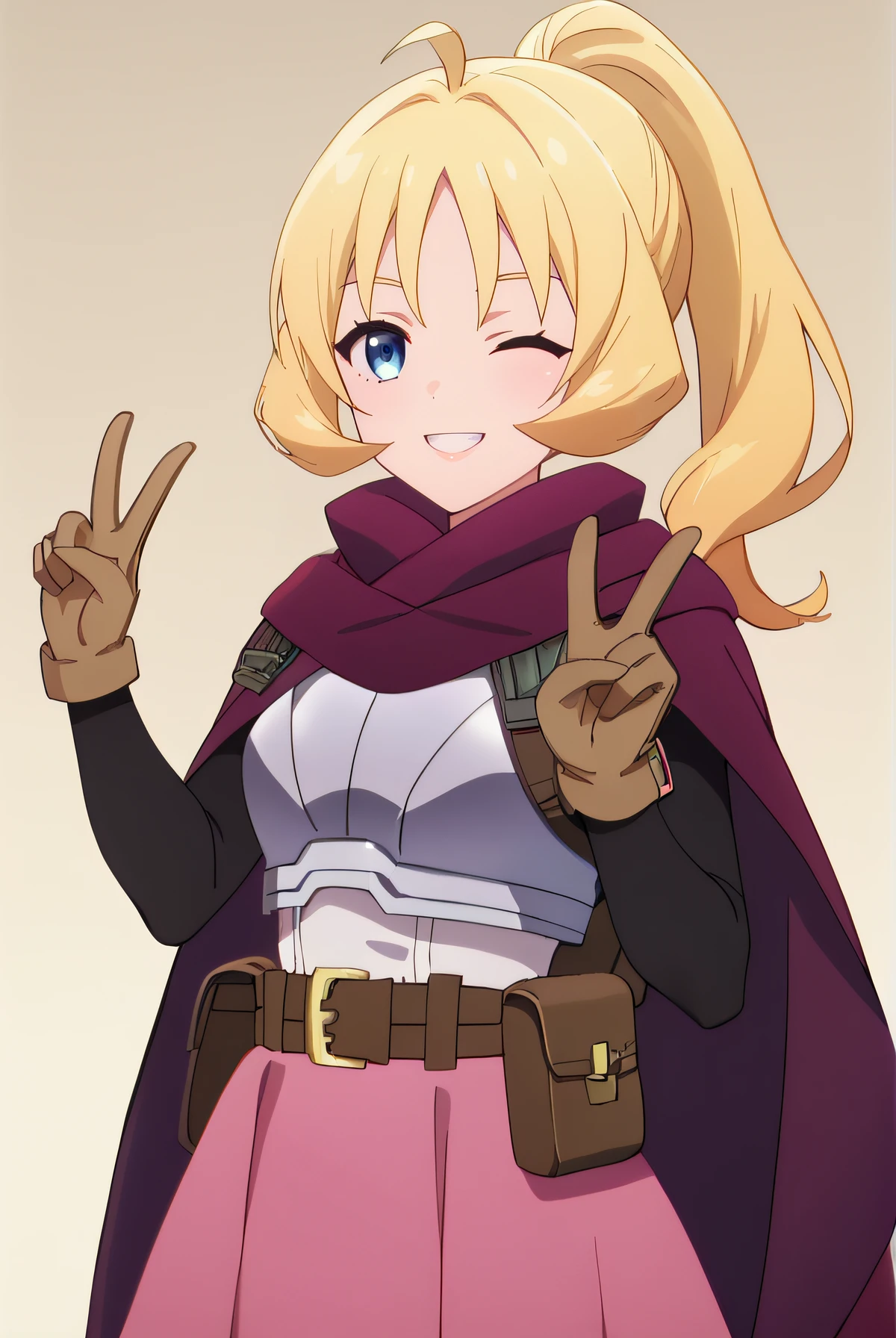 score_9, score_8_up, score_7_up, source_anime, rating_safe, intricate details, anime screencap, official style, anime coloring, 1girl, solo, <lora:Rina_Rupaage:1>, rina, blue eyes, blonde hair, ponytail, armor, burgundy cape, black sleeves, long sleeves, brown gloves, pink skirt, brown belt, brown pouch, smile, simple background, looking at viewer, hands up, peace sign, one eye closed, grin, upper body