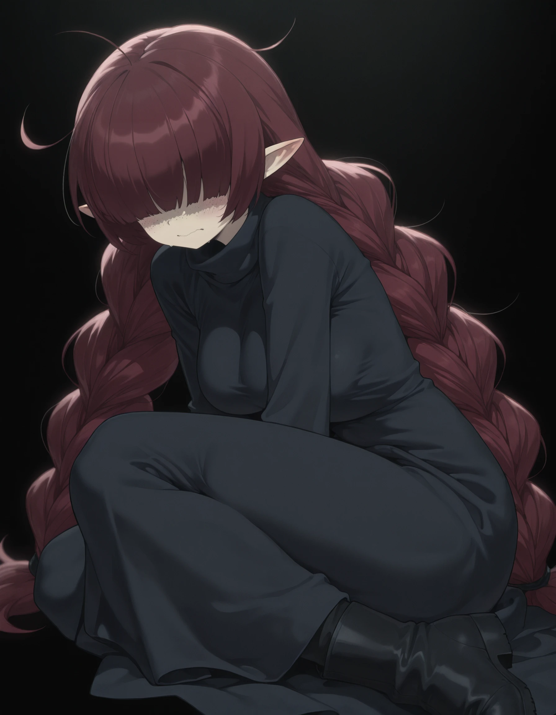 masterpiece,best quality,amazing quality,very aesthetic,absurdres,newest,
<lora:Majorca Abbott:1>,1girl,solo,freckles,pointy ears,red hair,hair over eyes,ahoge,twin braids,braids,long hair,dress,black dress,braid,breasts,robe,black pants,black boots,
simple black background,blushing,