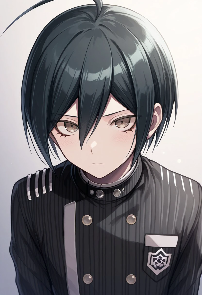 masterpiece, best quality, 
shuichi, 1boy, male focus, solo, brown eyes, black hair, ahoge, short hair, hair between eyes, school uniform, jacket, black jacket, striped jacket, double-breasted buttons, stripes, pinstripe pattern, upper body
indoor,