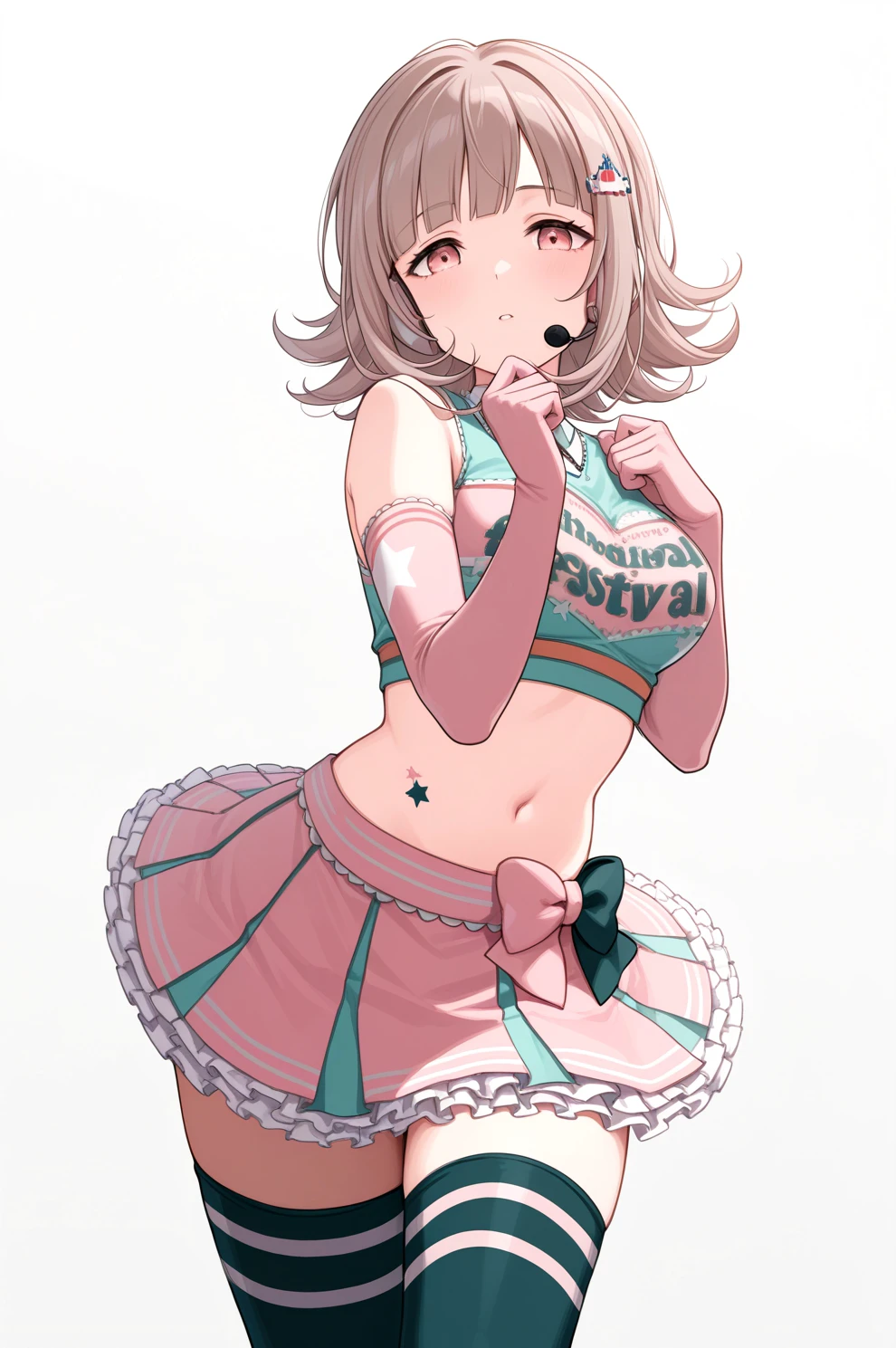 <lora:sifcheer:1>, sifcheer outfit, 1girl, elbow gloves, thighhighs, crop top, nanami chiaki, pink outfit, masterpiece, best quality