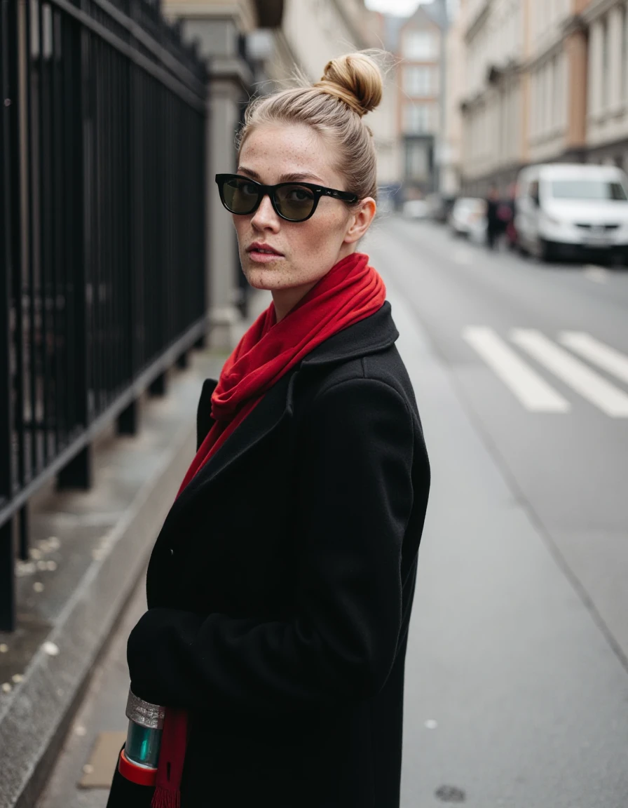 The image shows a woman standing on a street, facing the camera. She is wearing a black coat with a red scarf around her neck and a pair of black sunglasses. Her hair is pulled back in a bun and she is looking off to the side with a serious expression on her face. The street is wet and there is a black metal fence on the left side of the image. On the right side, there is an empty street with a white crosswalk and a white car parked on the side. The background is blurred, but it appears to be a city street.  <lora:swantji_paulina_dev_f1:1> <lora:FLUX.1-Turbo-Alpha:1>