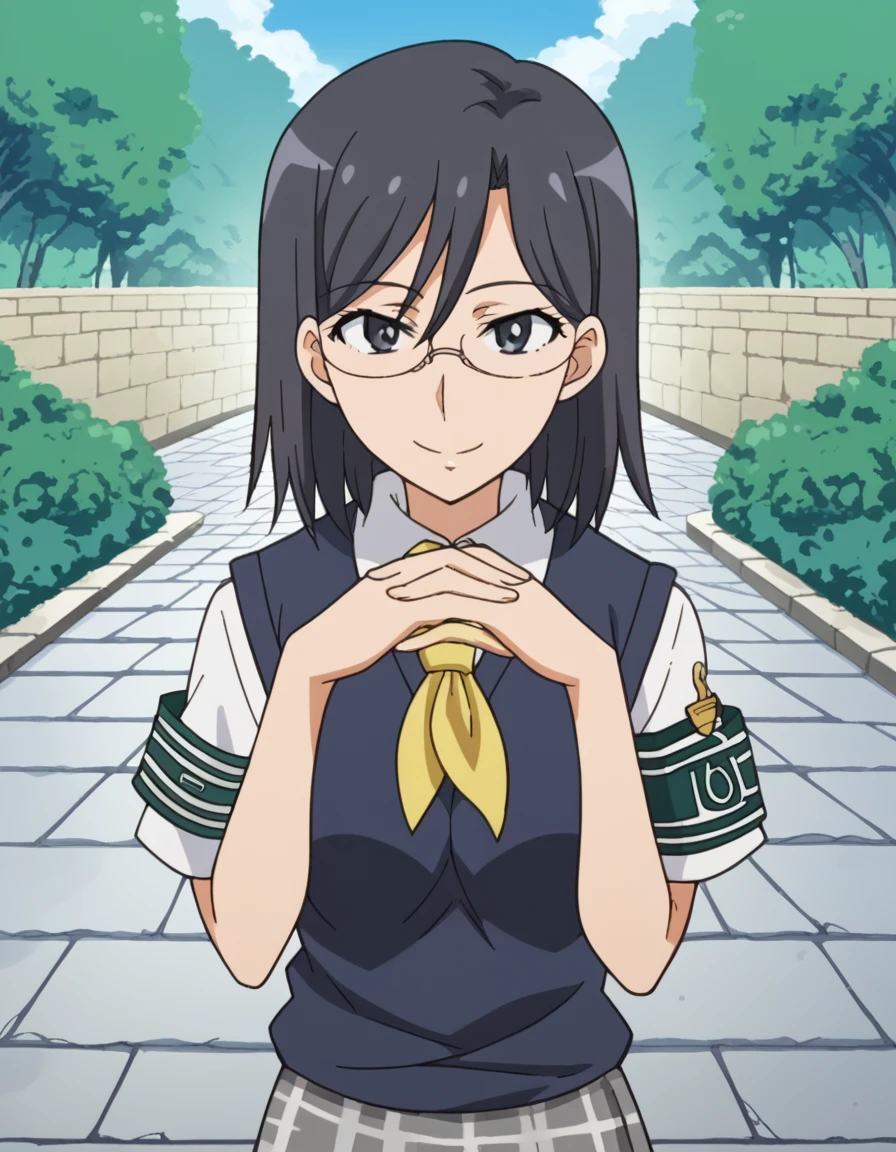 score_9, score_8_up, score_7_up, source_anime, <lora:mii-konori-s1-ponyxl-lora-nochekaiser:1>, mii konori, short hair, black hair, black eyes, glasses, hair between eyes, mature female, anime screencap,, skirt, school uniform, plaid skirt, armband, sweater vest, neckerchief, yellow neckerchief, green armband, pleated skirt,, stone walkway, historic, path, cobblestone, footpath, smile, <lora:gendou-pose-ponyxl-lora-nochekaiser:1>, gendou pose, own hands clasped, own hands together, parody,, looking at viewer, solo,, dutch angle, cowboy shot