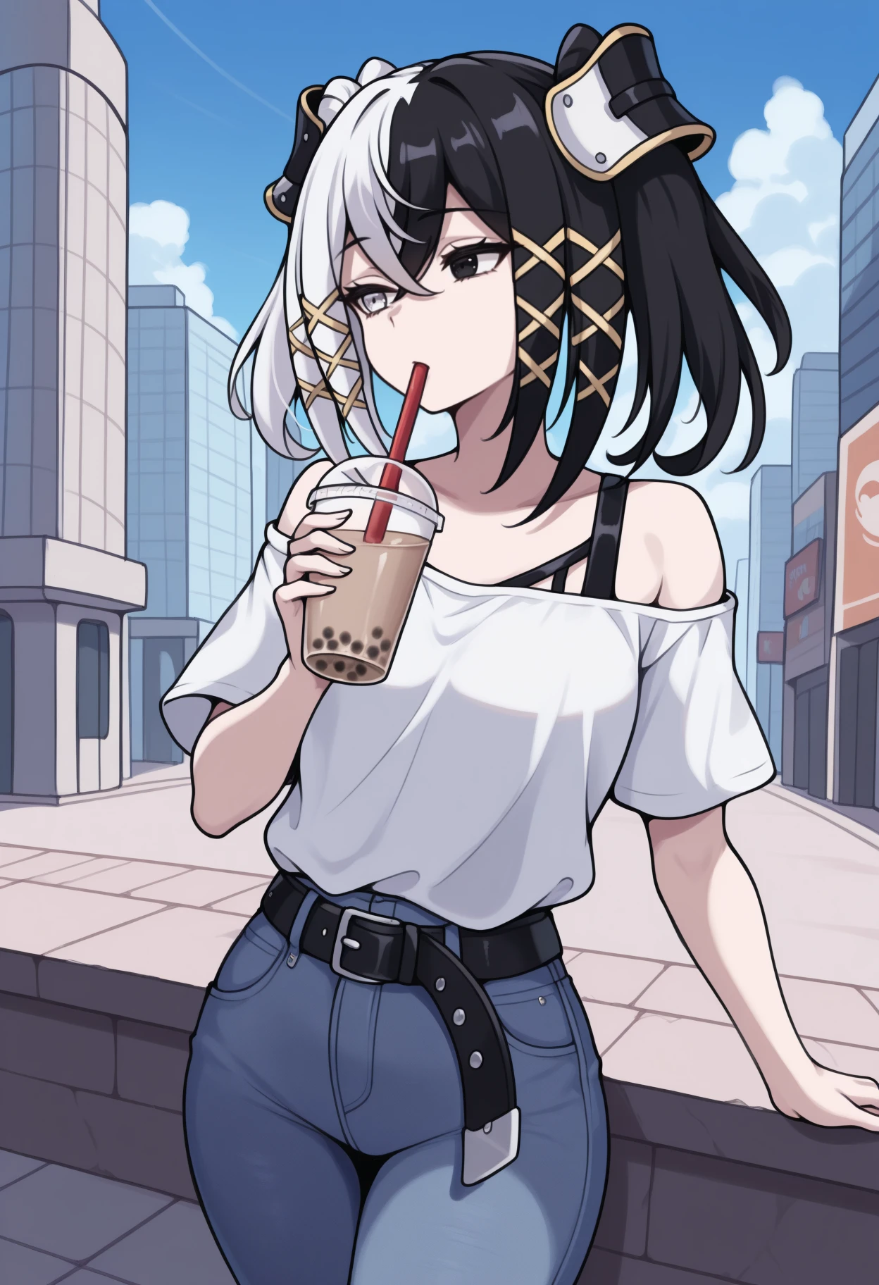 masterpiece, best quality, cowboy shot, solo, 1girl, antil3ne, looking to the side, standing, holding drink, bubble tea, drinking straw, split-color hair, black hair, white hair, hair between eyes, crossed bangs, twintails, x hair ornament, heterochromia, black eyes, white eyes, white shirt, off-shoulder shirt, loose shirt, short sleeves, jeans, black belt, outdoors, blue sky, cloud, city, building, sidewalk
<segment:yolo-Anzhc Face seg 640 v2 y8n.pt,0.4,0.5//cid=1>