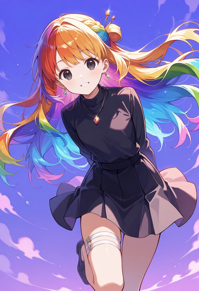masterpiece, best quality, perfect anatomy, very aesthetic, ((outlined outlined vector graphics)),no norm,close up, front view, , cute face, (glow eyes:0.8), looking at viewer, glittering, glimmering, purple theme, 1girl,20yo, rainbow hair, black eyes, log hair, hair pin,small breast, slender,(white thigh strap:1.1),(black clohtes:1.1), , jewelry, earrings, parted lips,, long sleeve,black shirt, black skirt , arms behind back , jumping, , action pose , , smile <lora:rainbow-hair-il-01:1>